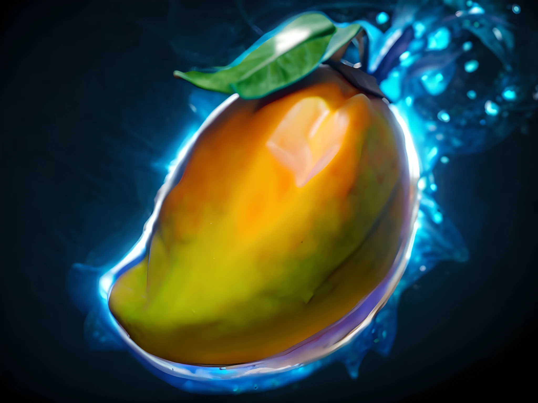 Close-up of mango,There is a leaf on it, mangoes, There is blue magic on the outside of the mango,Magic mango with smooth skin,artifact dota2, arte renderizada, league of legends inventory item, The fruit of perception, smooth shading, item art