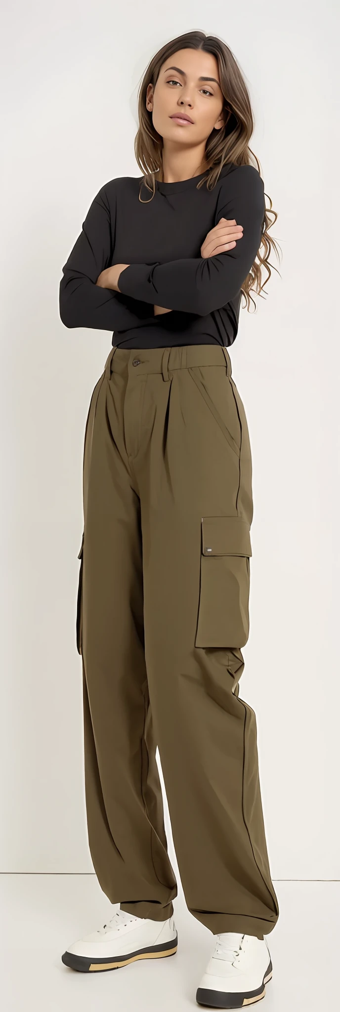 A beautiful woman in a slightly baggy black top and brown pants posing for a photo, brown pants, low-waisted sweatpants, baggy pants, Pants, cargo pants, com dois bolsos frontais, Khakis, so shorts, Olive green pants, with his hands in his pockets, wearing pants, Hands in pockets, Comfortable, toupeira, large pants, tiro do meio cintura para cima, roupas marrons, Directed by: Lee Jeffreis