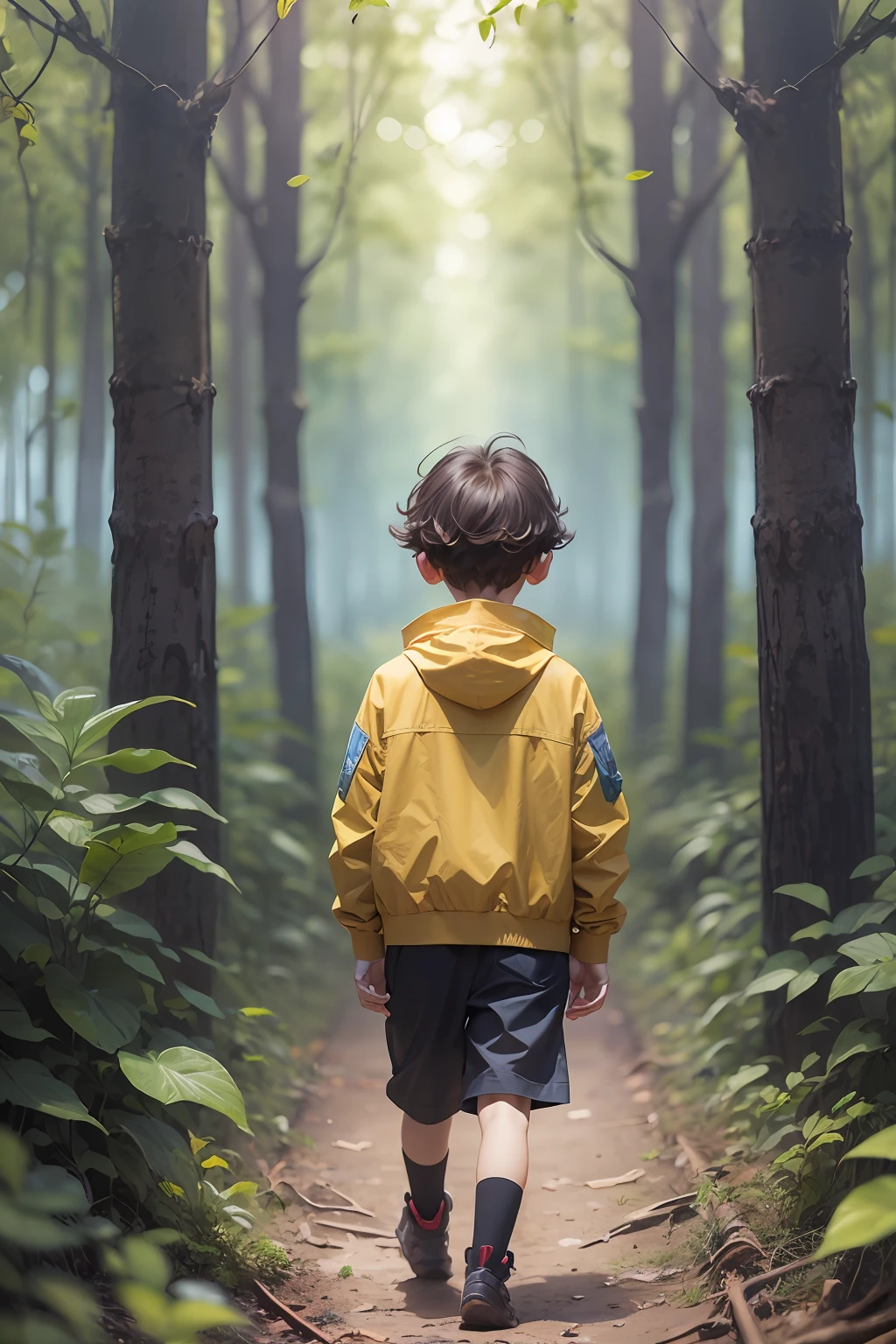 realistic children's book design, little 8-year-old boy wearing a yellow cotton-made jacket, with brown short hair, walking in a forest, afraid, panic --auto --s2