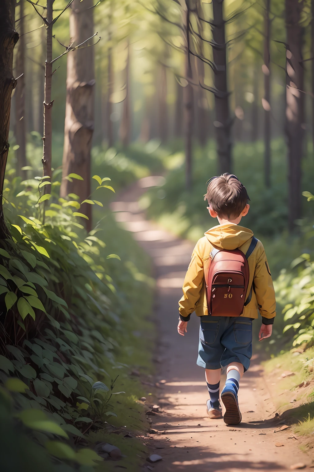realistic children's book design, little 8-year-old boy wearing a yellow cotton-made jacket, with brown short hair, walking in a forest, afraid, panic --auto --s2