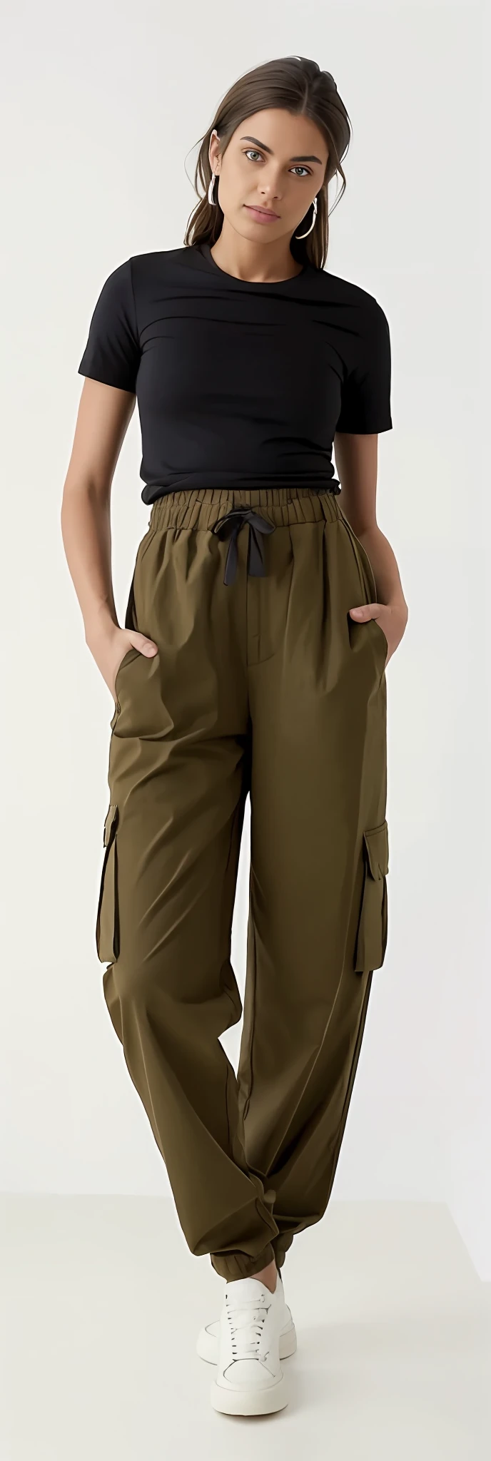 A beautiful woman in a slightly baggy black top and brown pants posing for a photo, brown pants, low-waisted sweatpants, baggy pants, Pants, cargo pants, com dois bolsos frontais, Khakis, so shorts, Olive green pants, with his hands in his pockets, wearing pants, Hands in pockets, Comfortable, toupeira, large pants, tiro do meio cintura para cima, roupas marrons, Directed by: Lee Jeffreis