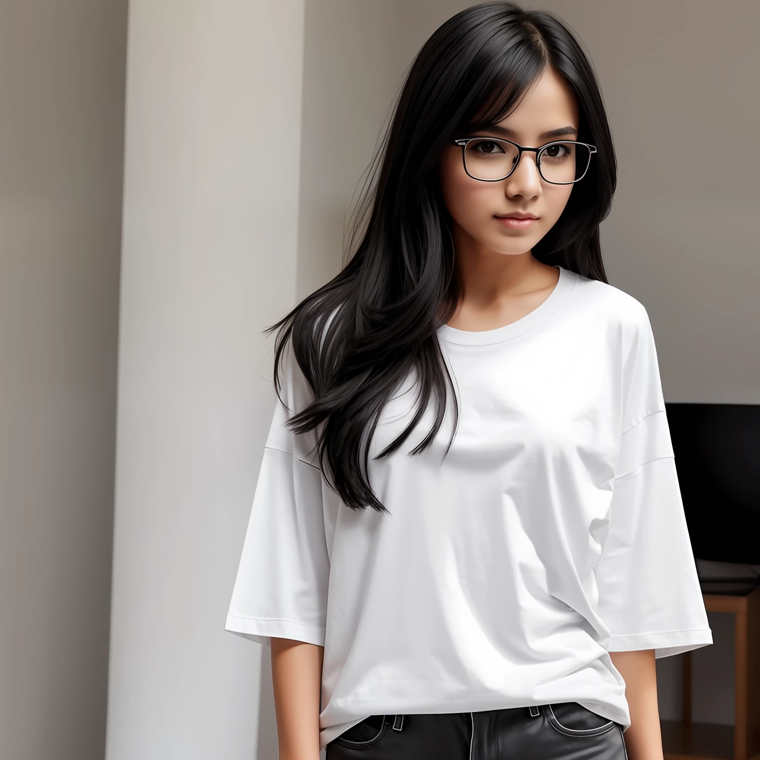a girl with black medium hair, with glasses and a oversized t-shirt