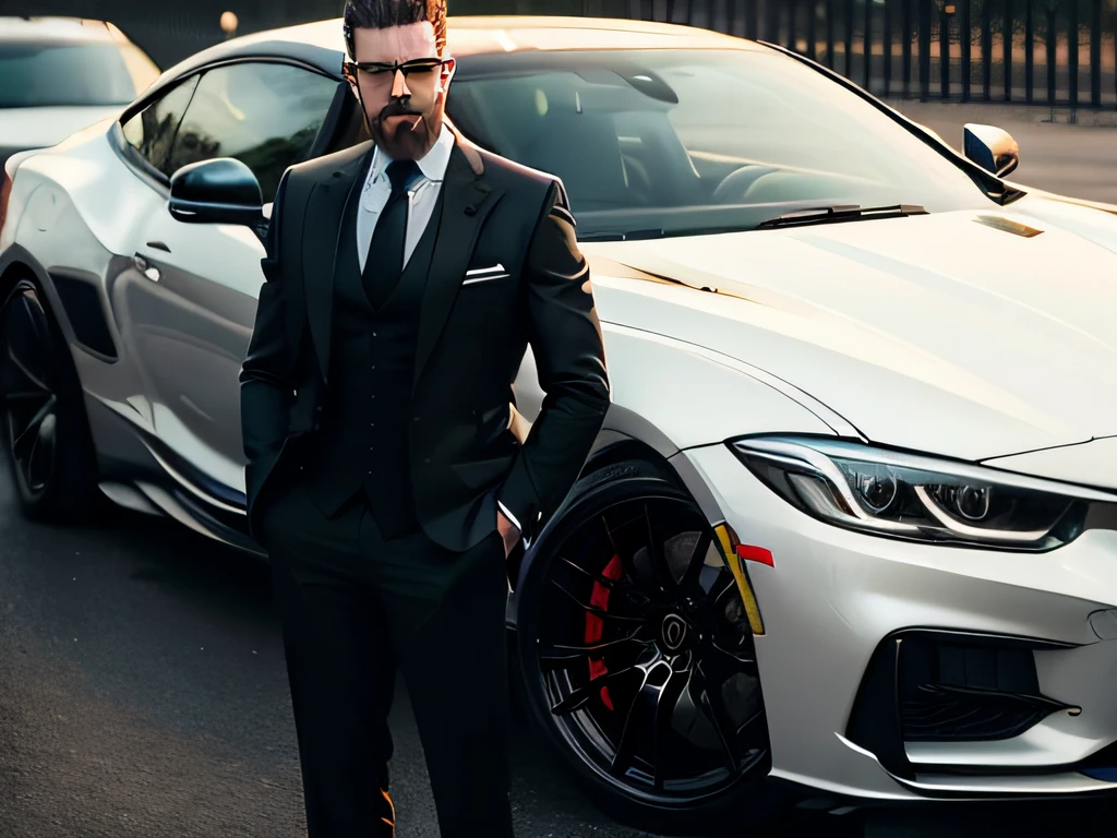 very detailed, successful man, standing outside next to a luxury car, full shot