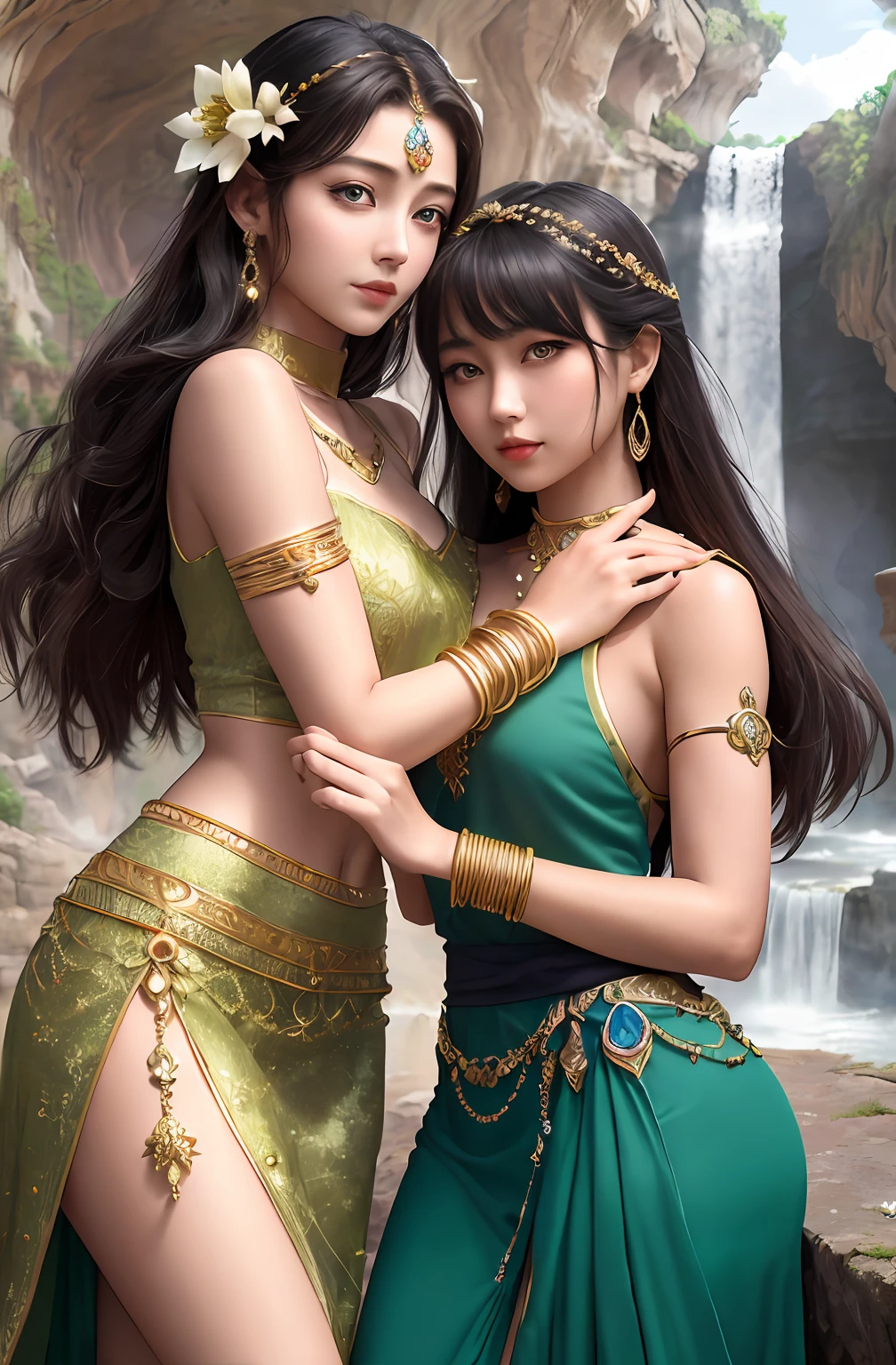 ((Realistic:1.5)),Ulzzang-6500:1.4,((Best quality)), ((Masterpiece)),((Detailed)),2girls,duo,{2 beautiful women}, (Upper body:1.3),Hug and touch each other, Tease your friend's waist, Breathless friends, Biting a friend's earlobe, crouched,super wide shot,Face focus, Long legs,Curvy, Barefoot,Wide hips, Thin legs, Oversized eyes,Long eyelashes, (Detailed face,beautidful eyes, detailedpupils,detailed clothes features, Clear background:1.3), (armlets, bangle:1.3), Mysterious ancient ruins, floresta exuberante, Deep canyon,bridge,River,cliff,Cloud,lakes,Rock music,Waterfalls, Flowers, Grass,grape trees,tree,bright detail,Sharp,Perfect compounding, Intricate, Sharp focus, Dramatic,