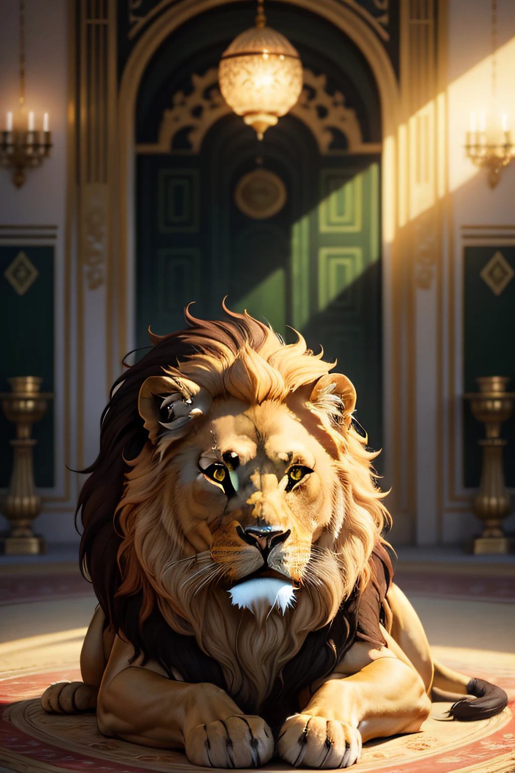 Green-eyed lion in a golden palace in the sky