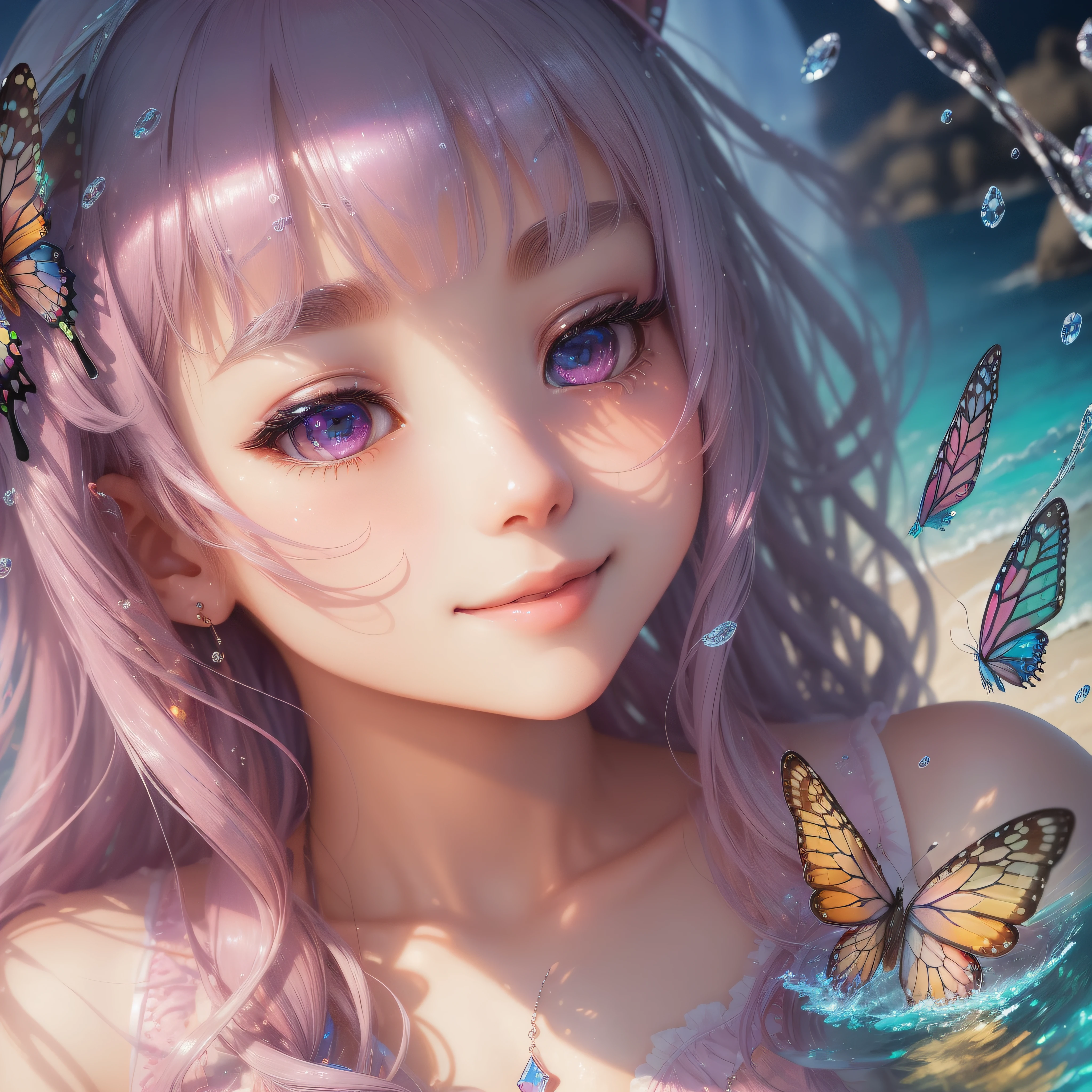 Close up of a smile with the corners of the mouth raised、Close up of a smile with the corners of the mouth raised、Close up of a smile with the corners of the mouth raised、close up of face、close up of face、close up of face、round and clear eyes、Shining eyes、Shining eyes、Beautiful 22 year old woman、dreamlikeart、Highly detailed airbrush art(((Surreal))、intricate detailes、Volumetric lighting、(masterpiece:1.2)、(top-quality)、(The ultra-detailliert)、(The composition of the movement:1.4)、Highly detailed colorful details、(Irridescent color:1.2)、(Bright lighting)、dream-like、Magical、dynamic compositions、Ray traching、The mirror reflects light、Shallow depth of field、ultra-detailliert、mixing exposure、nffsw、Super masterpiece、vivd colour、colourfull、One woman's face、(Cute cat in clothes)、Anthropomorphic representation、Rich colors、exquisitedetails、(masutepiece,Best Quality:1.5), (butterflys,Exquisite butterflies,Ultra CG), (High resolution:1.5)、(Big eyes、Iridescent eyes、Shining eyes、Eye Gloss)(Smile with the corners of your mouth raised、Open mouth、lipgloss)、(bangss、Silver-pink hair)、The beach is covered with colorful and transparent smooth stones:1.5、Orange in the sky、pink there、Absolutely enchanting sunset on the beach mixed with yellow。The water is crystal clear、White sand beach stretches out as far as the eye can see。It's a dynamic and breathtaking scene。Enjoy the calm atmosphere、