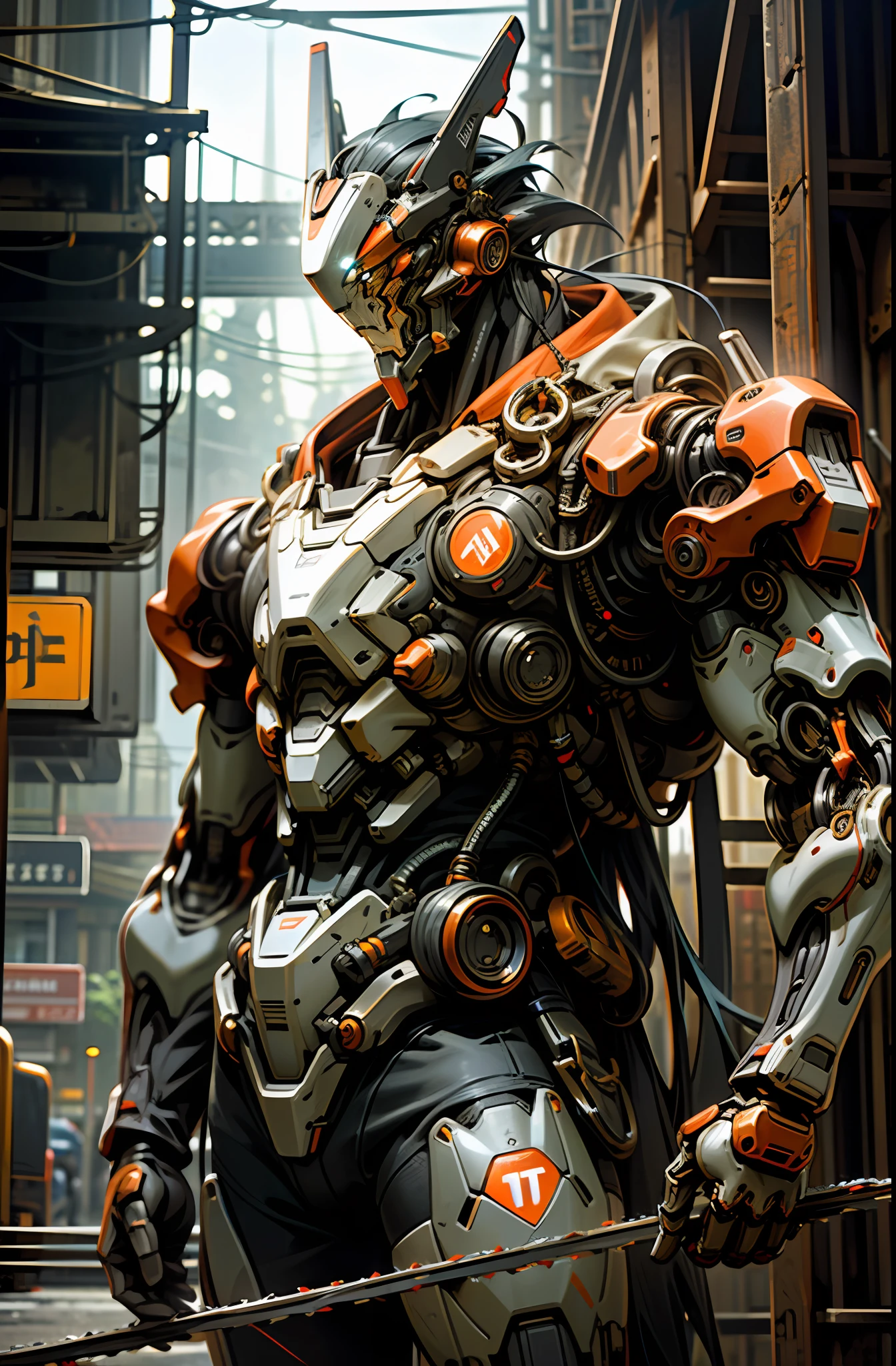 Dark_Fantasy,Cyberpunk,(chain saw,chain saw man,Red:1.1),1man,Mechanical marvel,Robotic presence,Cybernetic guardian, wearing a worn-out mech suit, intricate, (steel metal [rusty]), elegant, clear focus, shot by greg rutkowski, soft lighting, vibrant colors, masterpiece, ((street)), cowboy shot, dynamic pose,