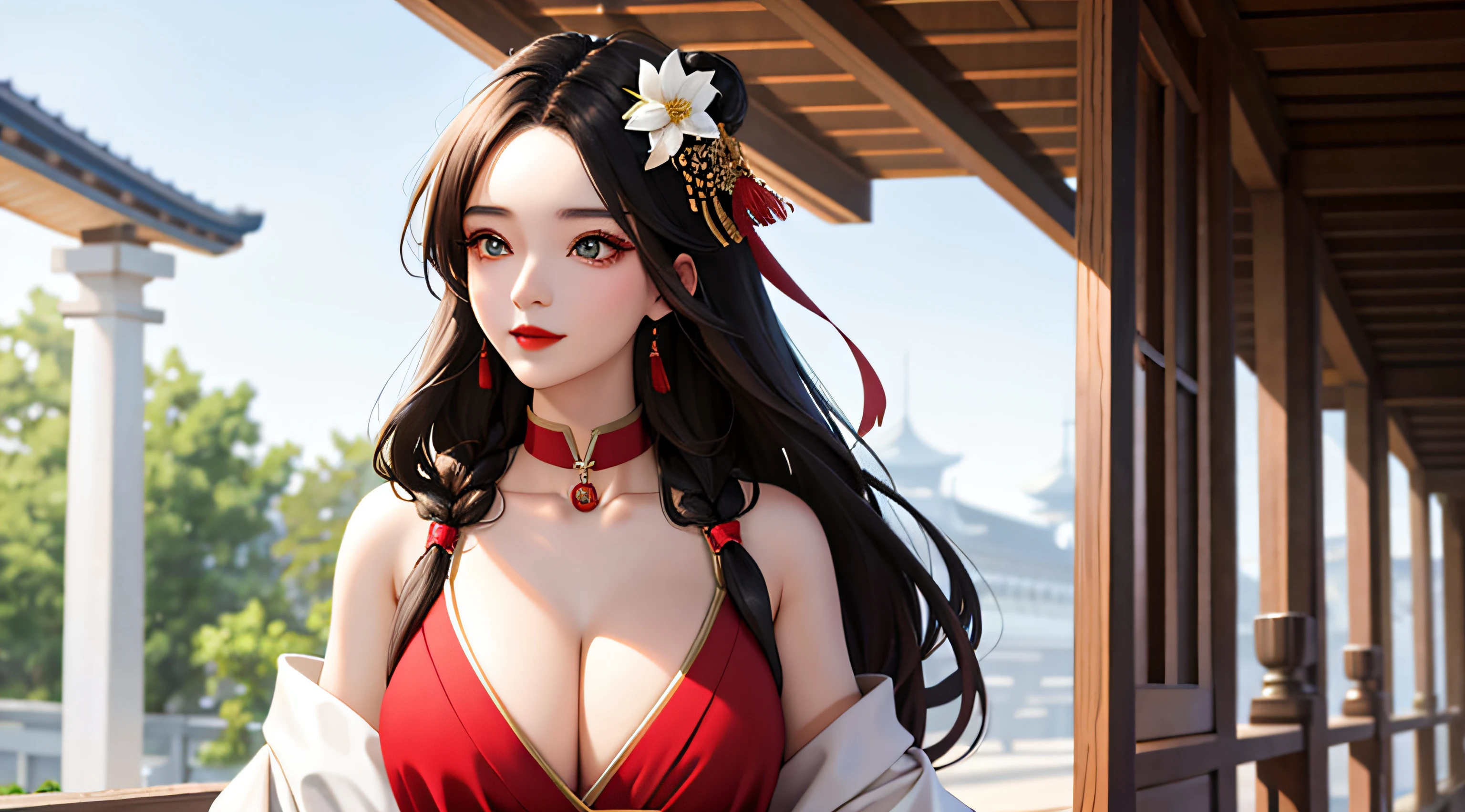 1female,huge tit,brunette color hair,Keep one's mouth shut,(Hanfu),Hanfu,Redlip,耳Nipple Ring,florals,hair adornments,jewelry,long whitr hair,Look at the audience,choker necklace,Portrait,ssmile,独奏,A half body,(Shiny skin), (tmasterpiece:1.4),(best qualtiy:1.4)