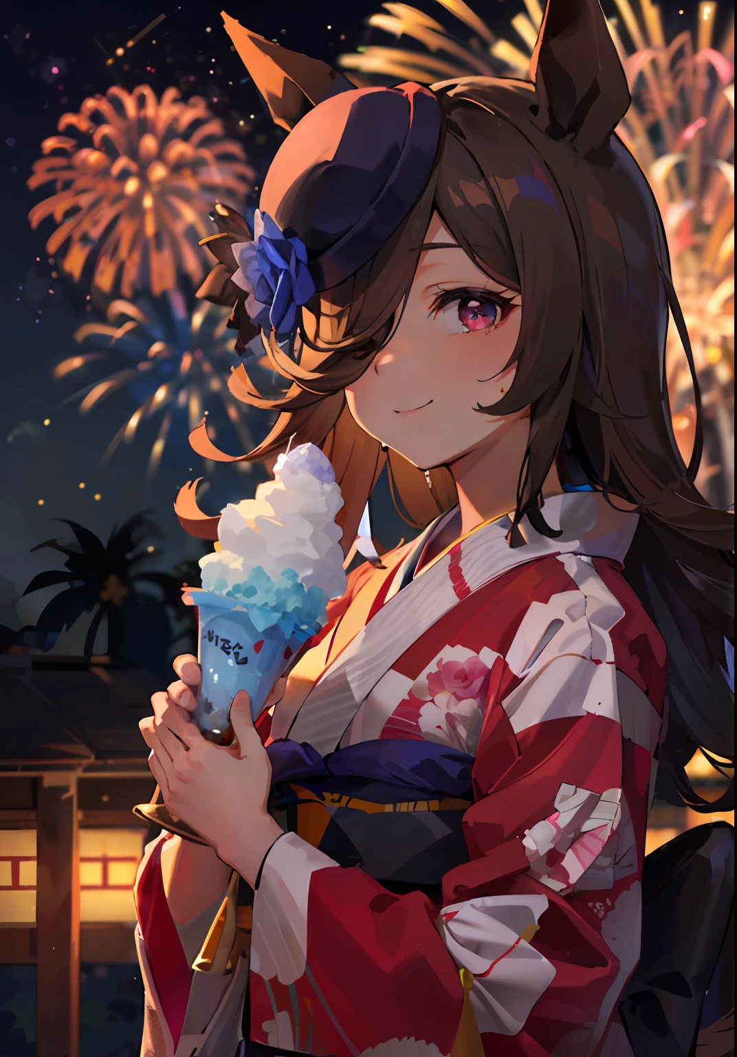 ((​masterpiece、top-quality))、、独奏、RiceShower、独奏、length hair、a purple eye、bangss、Long bangs、length hair、tiny chest、Hair covers the right eye、Marl、Purple kimono、 ((Rose pattern yukata, Geta), Gentle smile, Fireworks in the night sky, fireworks at background, 、modest tail、Kimono、Holding shaved ice in your hand