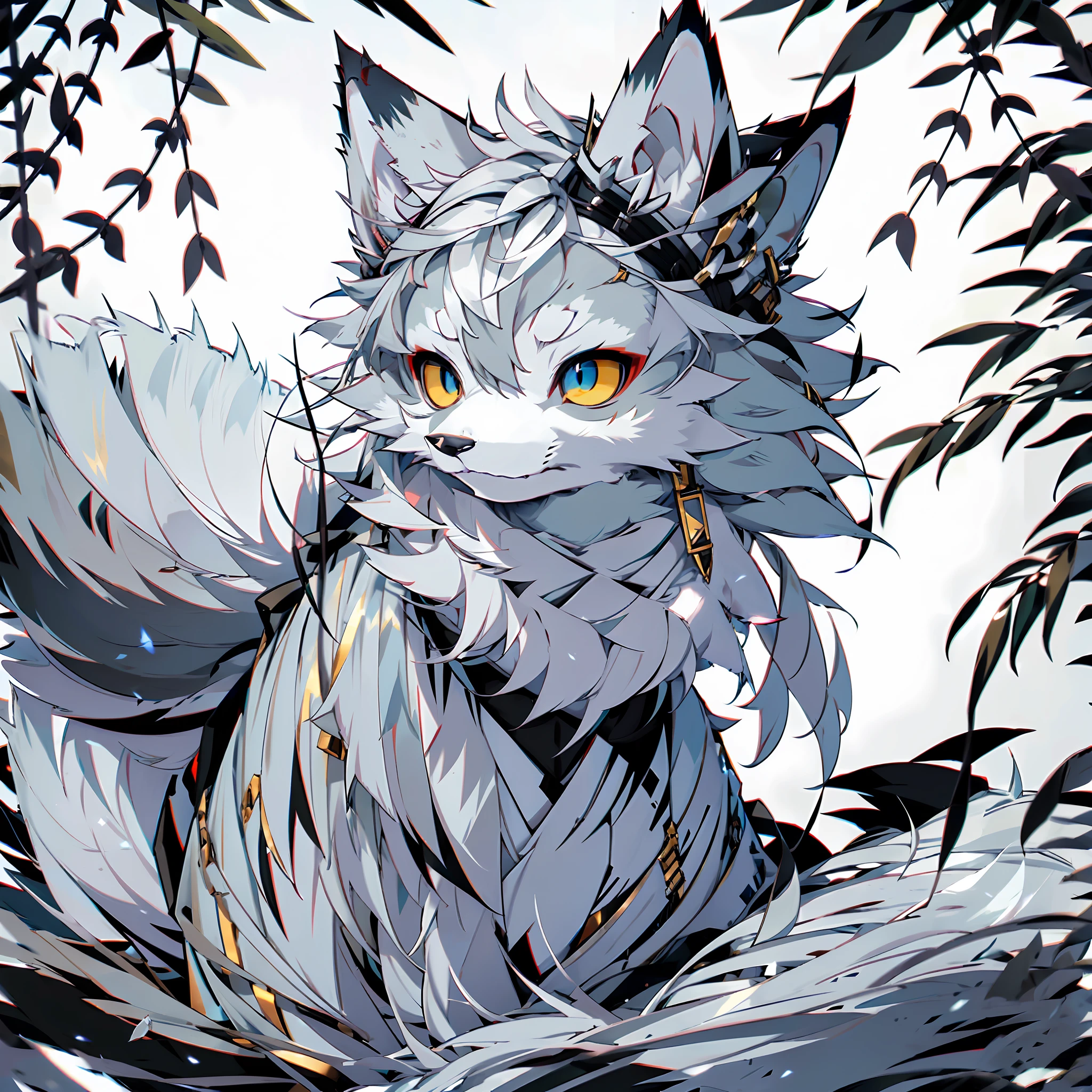 Solo, furry, male arctic fox, gray fur, gray skin, gray ears, golden eyes, sharp claws, fluffy tail