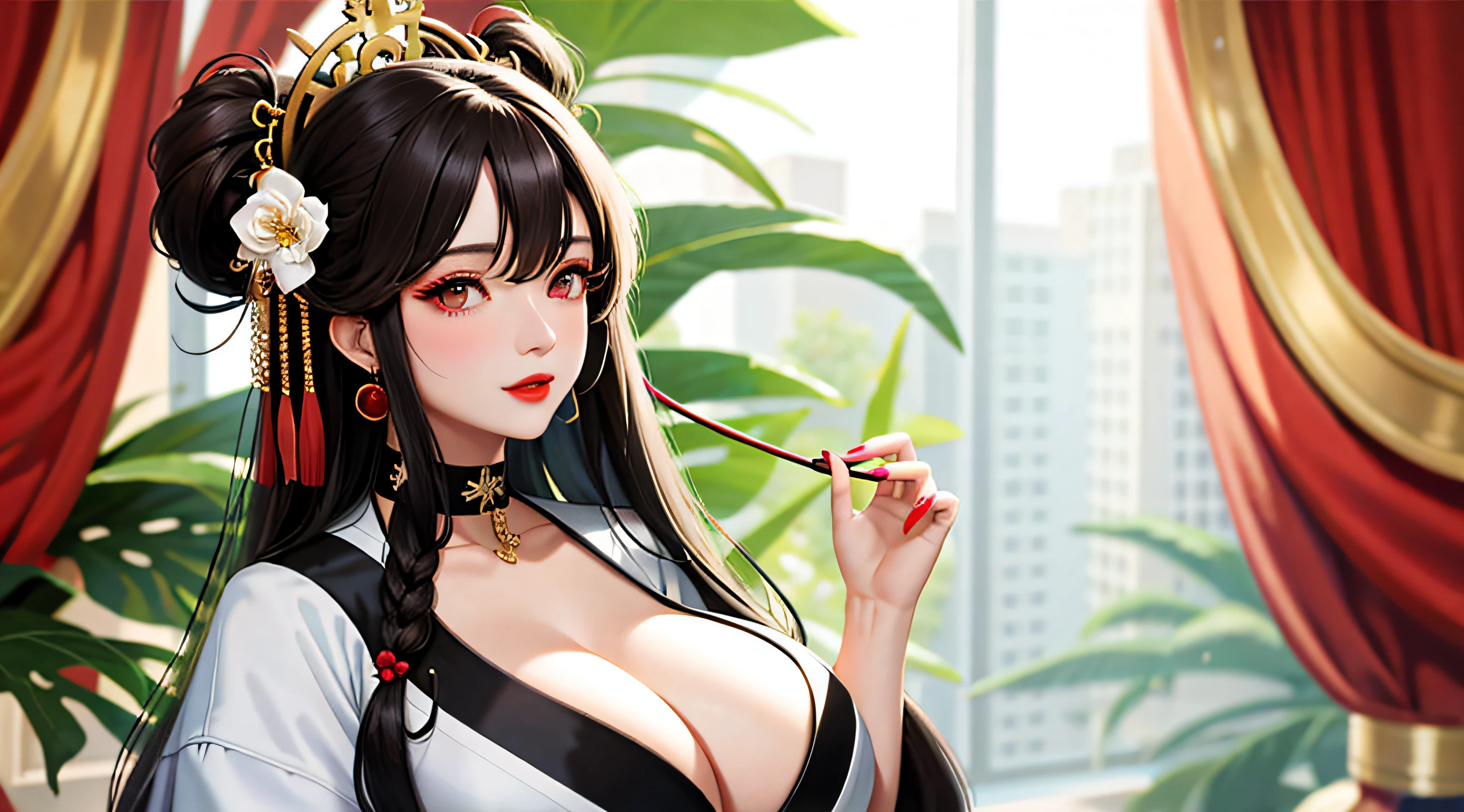 1female,huge tit,brunette color hair,Keep one's mouth shut,(Hanfu),Hanfu,Redlip,耳Nipple Ring,florals,hair adornments,jewelry,long whitr hair,Look at the audience,choker necklace,Portrait,ssmile,独奏,A half body,(Shiny skin), (tmasterpiece:1.4),(best qualtiy:1.4)