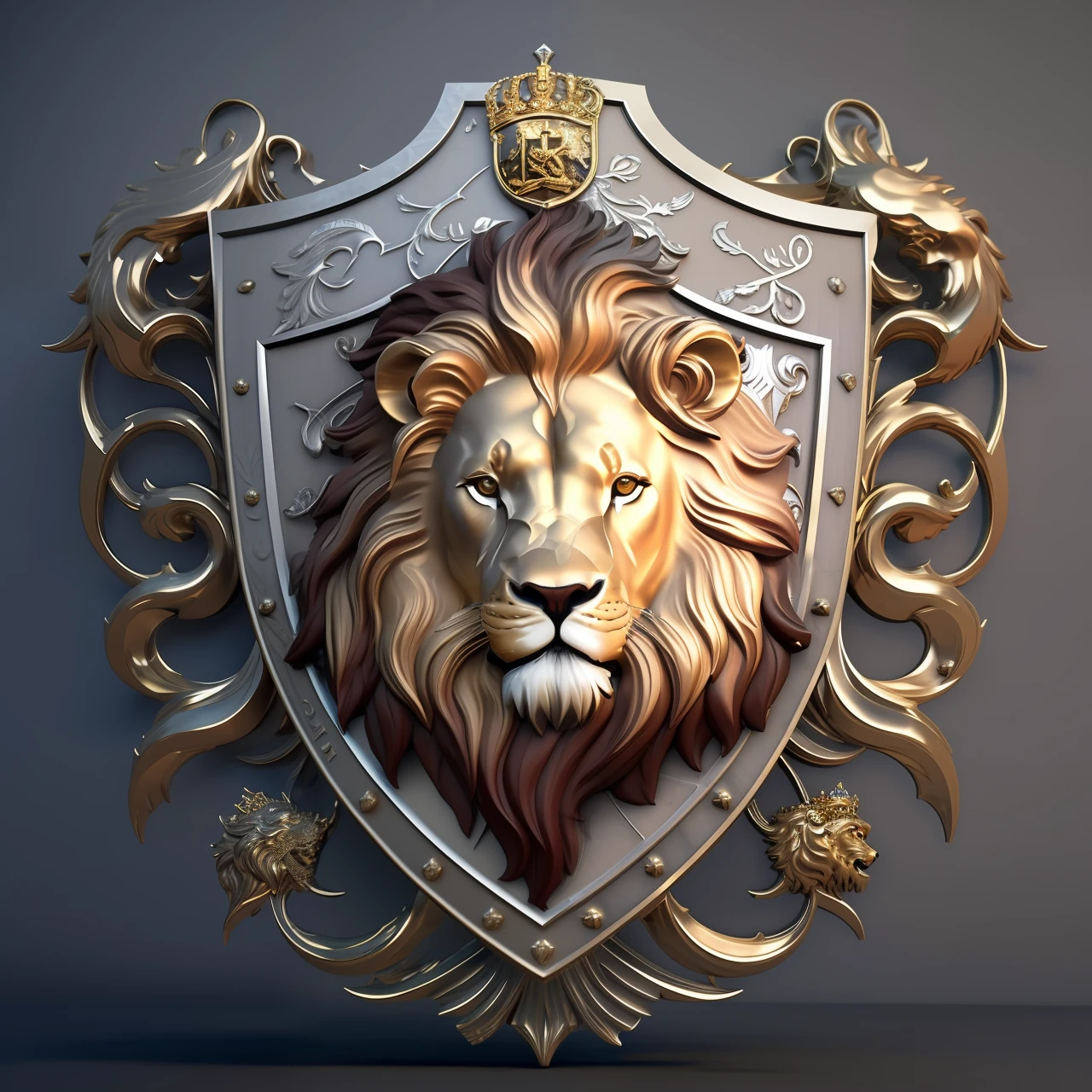 A closeup of a lion's head on a shield with a crown, lion head, Lion's Gate, Arte 3D digital detalhada, design do escudo, lion warrior, heraldry, Lion, emblema do escudo, lions, Arte 3D altamente detalhada, with the mane of a lion, Aslan the Lion, 8k arte detalhada de alta qualidade, lion icon, escudo de fantasiaModelo 3D, leone, armadura, placas de metal, projetos intrincados