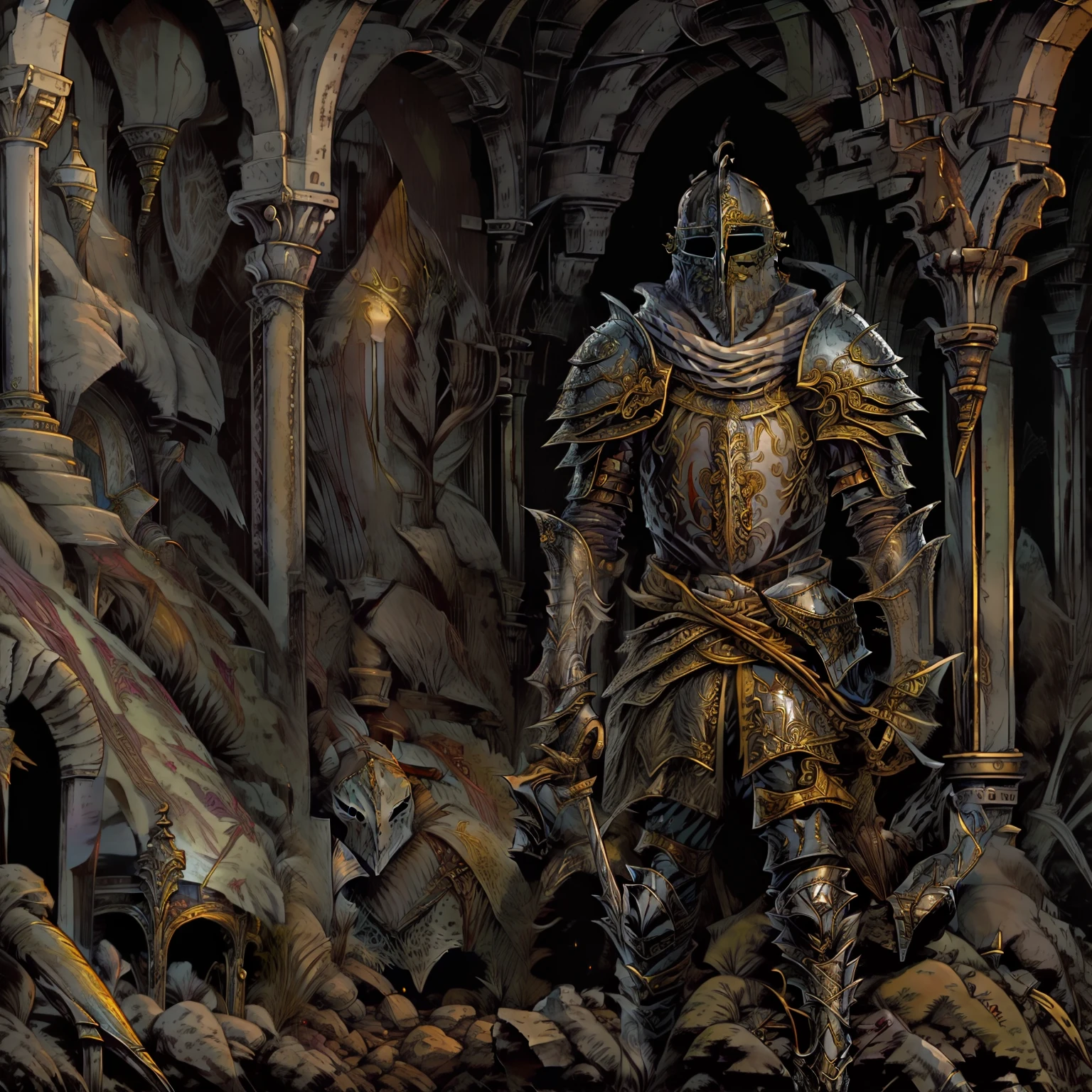 There's a Knight Templar leaning against a treasure pit, paisagem medieval sombria e areiada, Estilo arte quadrinho, cores fracas e caricato como arte velha empueirada