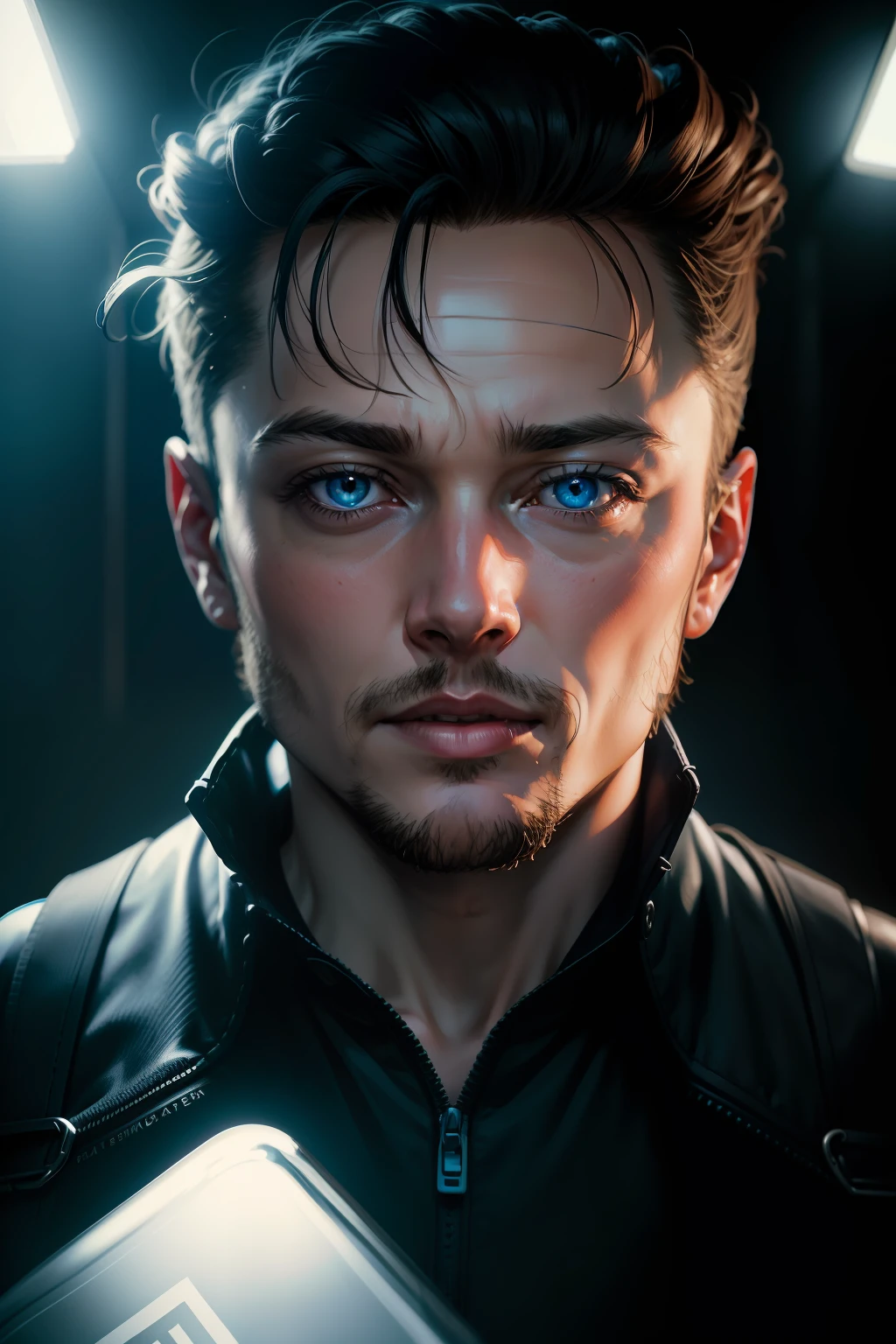Portrait of an award-winning photo of Elon Musk's head inside a glass jar wrapped in a bluish alien goo posing in a dark studio, luz de fundo com a cor ciano (Rim lighting,: 1.4) dual-tone lighting, foco nítido, Blue-oil hue, octanagem, irreal, mal iluminado, chave baixa