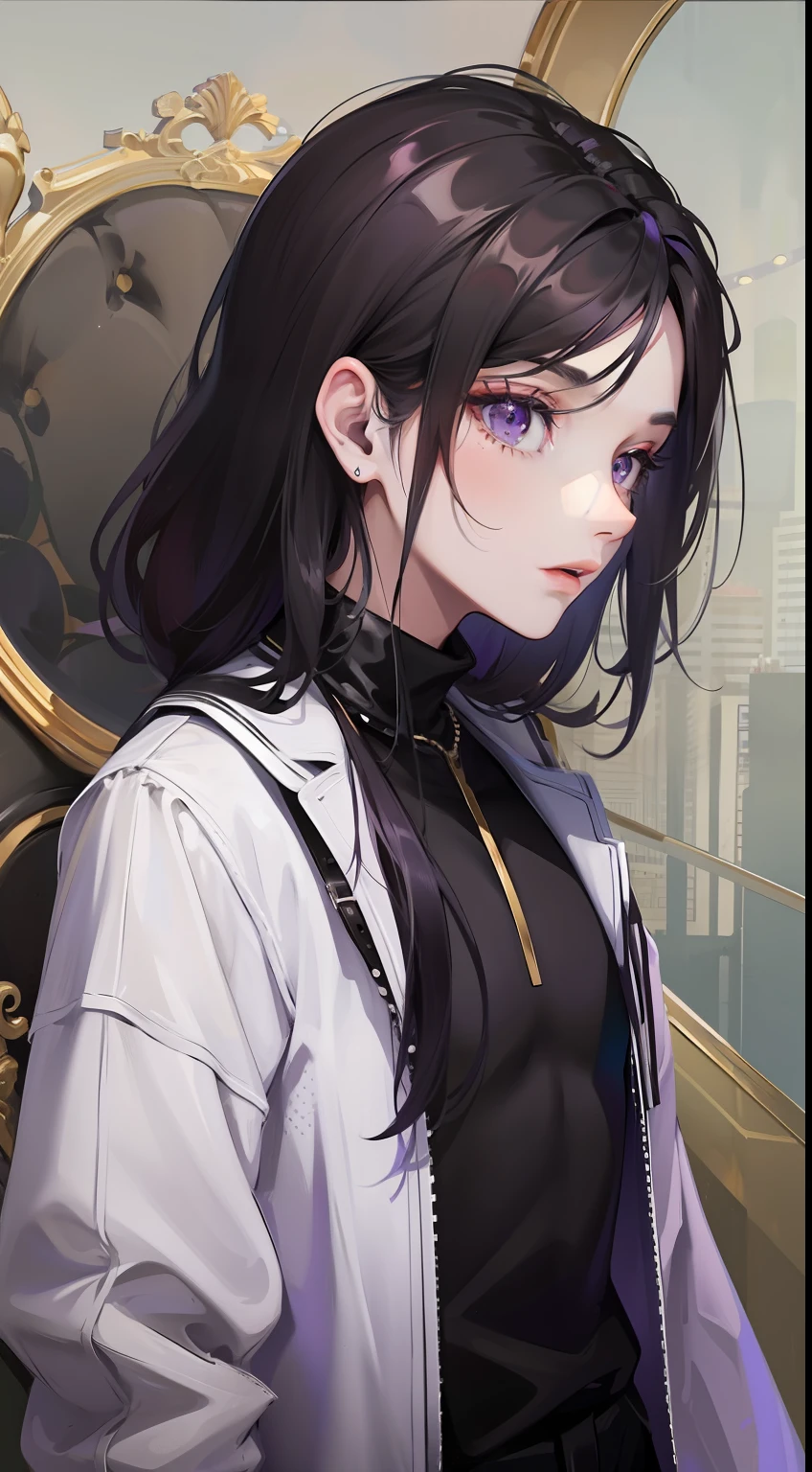 Young guy, long dark purple or black hair, violet eyes, Black rich clothes, Masterpiece, hiquality