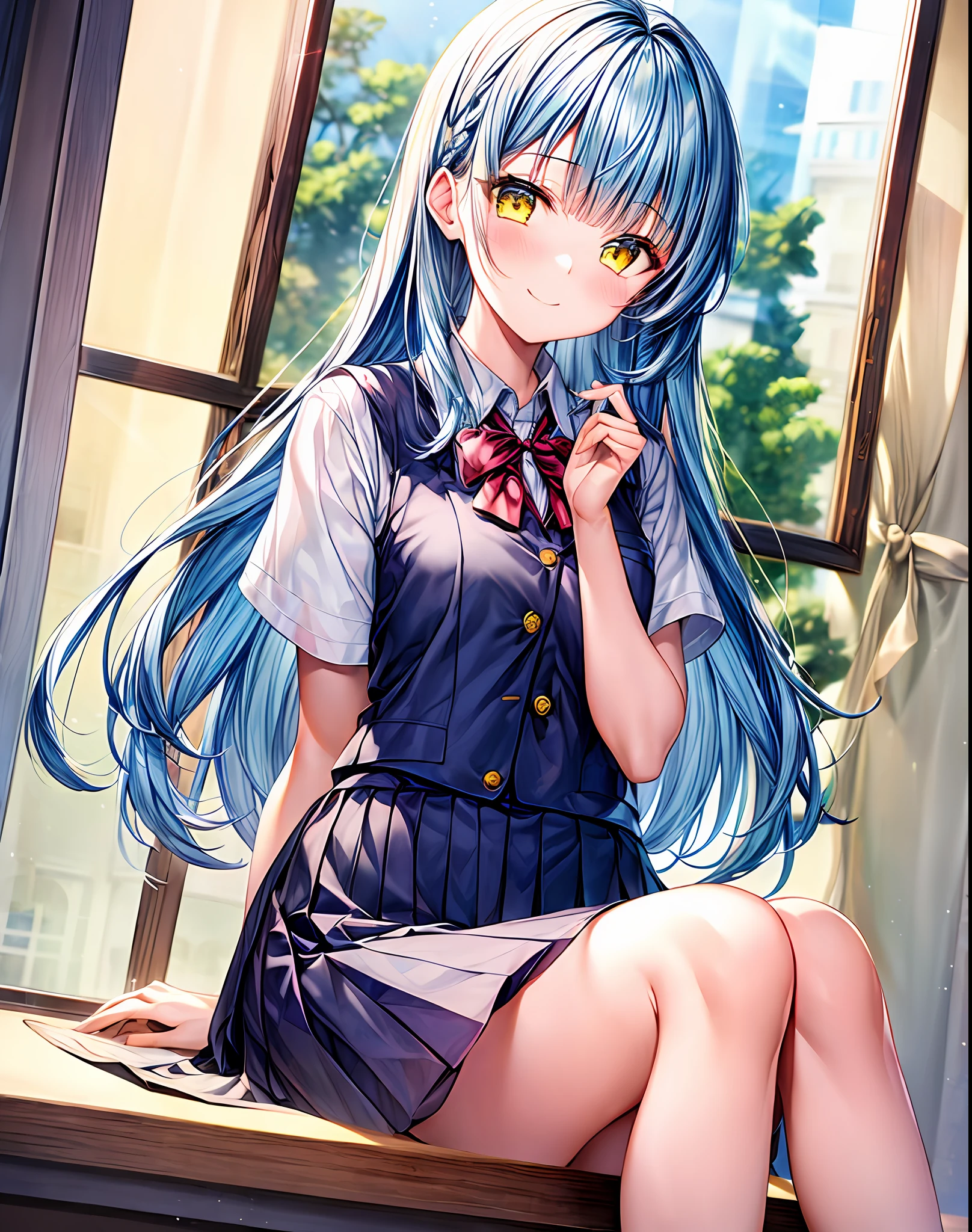 (masterpiece、top-quality)、1girl in、length hair、blunt bangs、lightblue hair、happiness、Yellow eyes、Ribbons in the hair、school_uniform、short_sleeves、bare_legs、Beige vest、academy、Window、insight、cute face、rays of sunshine、perspiring、Blue sky outside the window、Ribbons on clothes