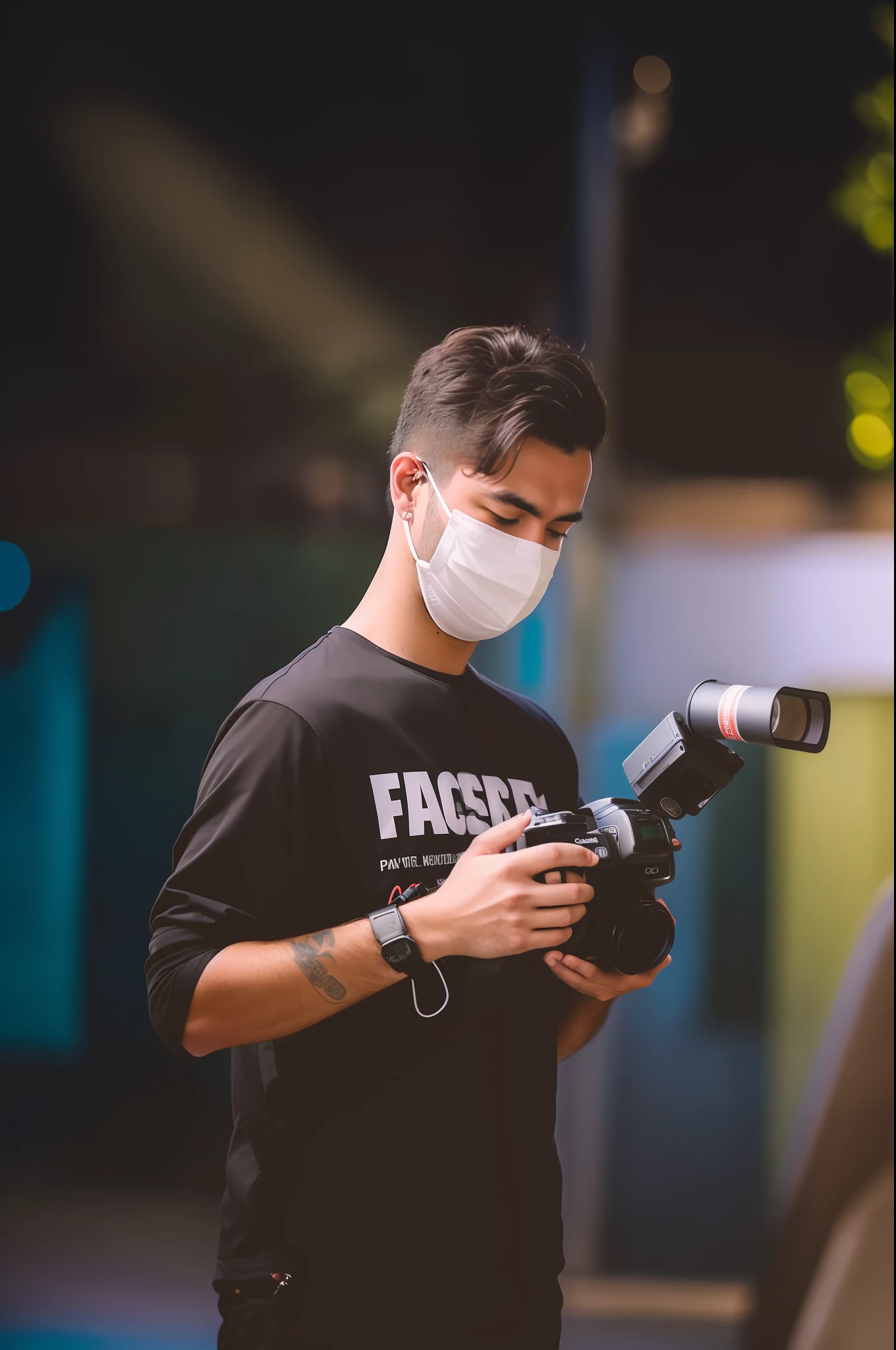 there is a man wearing a face mask and holding a camera, cinematic shoot, wearing mask, shot on canon eos r5, shot on canon eos r 5, fadeev 8 k, photography at night, captured on canon eos r 6, wearing facemask, portrait shot 8 k, journalist photo, wearing a mask, performing a music video, looking to camera