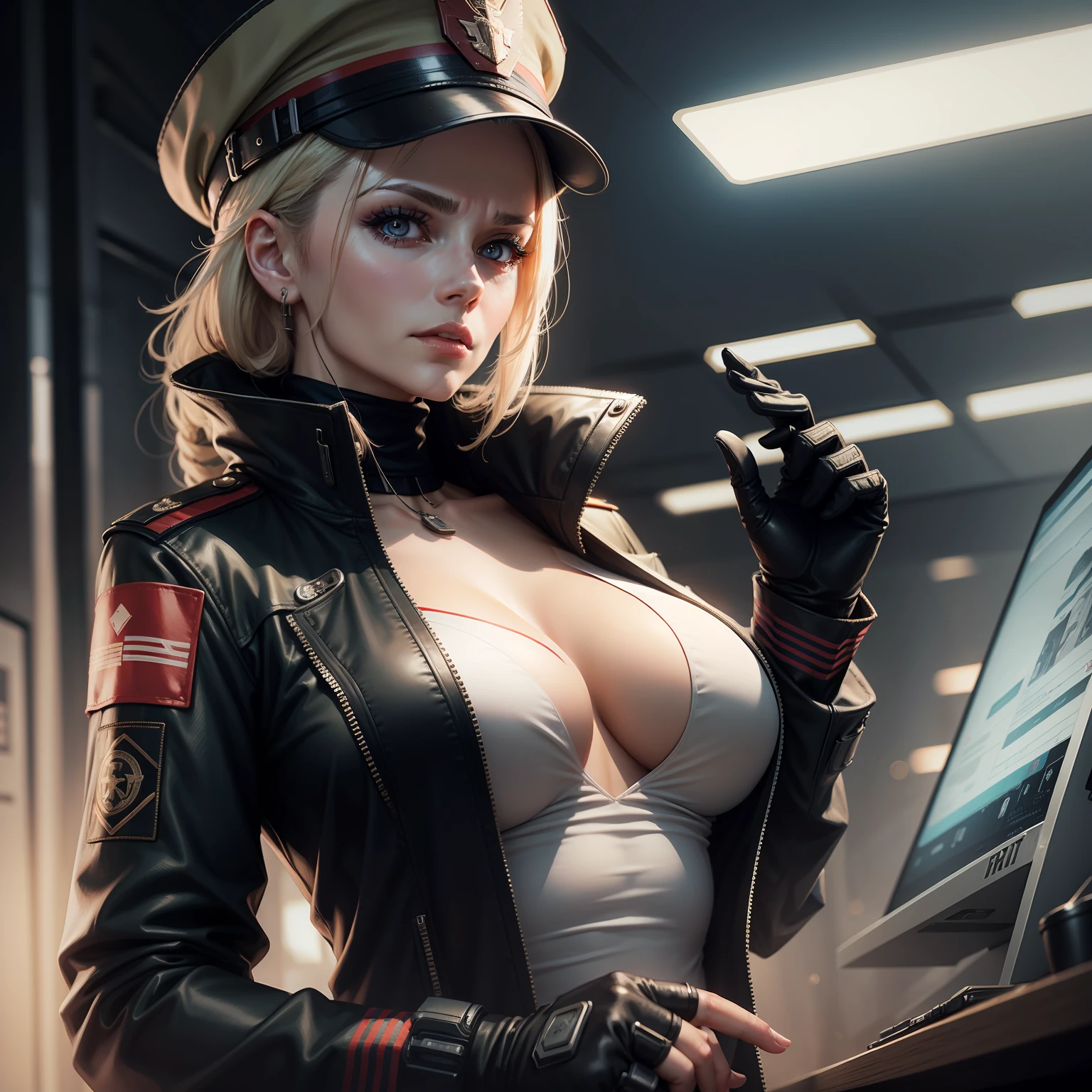 Mature woman, military clothes, sovietic, cibernetc eyes, mature, solo, cyberpunk, perfect boobs, caucasian woman