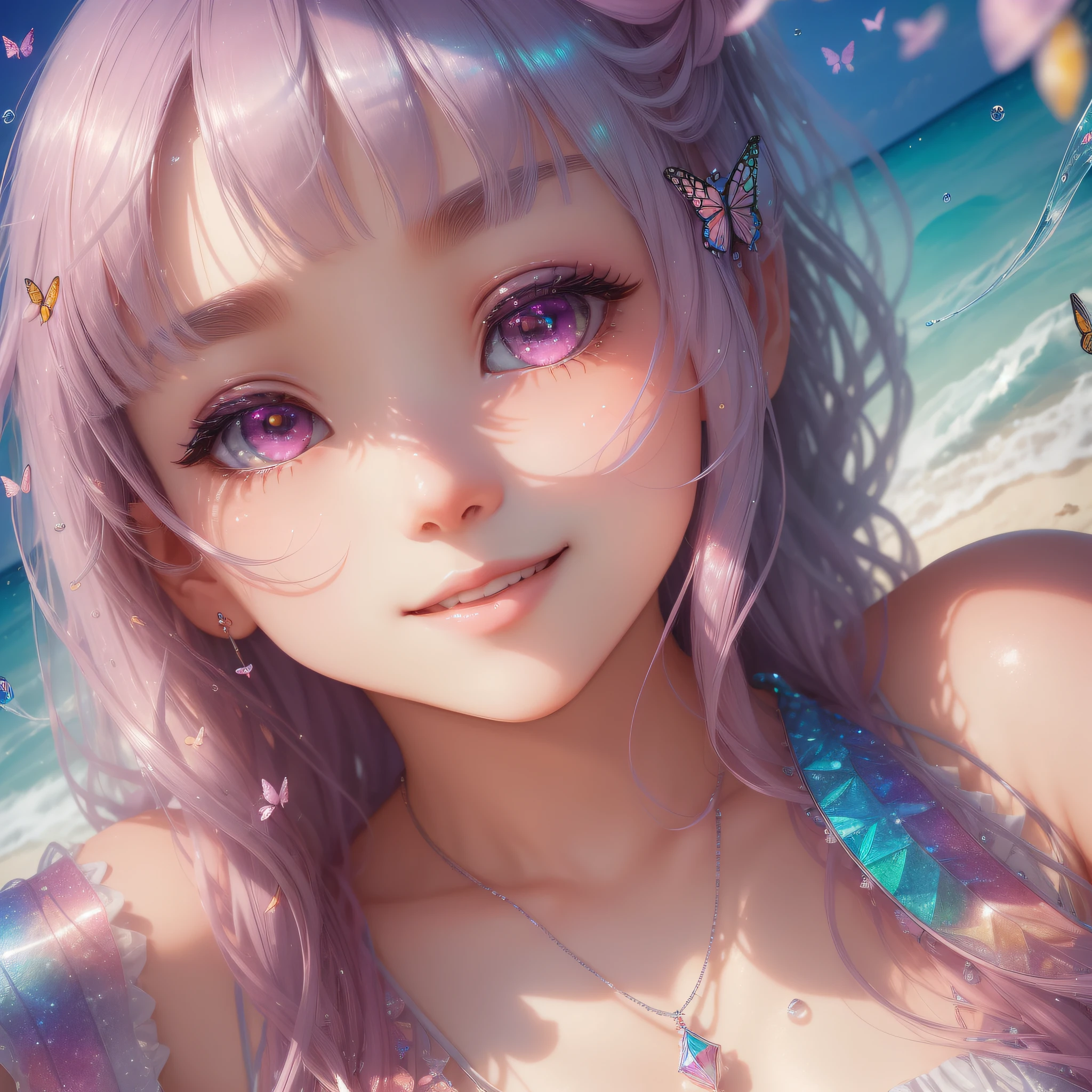 Close up of a smile with the corners of the mouth raised、Close up of a smile with the corners of the mouth raised、Close up of a smile with the corners of the mouth raised、close up of face、close up of face、close up of face、round and clear eyes、Shining eyes、Shining eyes、Beautiful 22 year old woman、dreamlikeart、Highly detailed airbrush art(((Surreal))、intricate detailes、Volumetric lighting、(​masterpiece:1.2)、(top-quality)、（The ultra-detailliert)、(The composition of the movement:1.4)、Highly detailed colorful details、(Irridescent color:1.2)、(Bright lighting)、dream-like、Magical、dynamic compositions、Ray traching、The mirror reflects light、Shallow depth of field、ultra-detailliert、mixing  exposure、nffsw、Super masterpiece、vivd colour、colourfull、One woman's face、(Cute cat in clothes)、Anthropomorphic representation、Rich colors、exquisitedetails、（masutepiece,Best Quality:1.5), (butterflys,Exquisite butterflies,Ultra CG), (High resolution:1.5)、(Big eyes、Iridescent eyes、Shining eyes、Eye Gloss）（Smile with the corners of your mouth raised、Open mouth、lipgloss）、（bangss、Silver-pink hair）、The beach is covered with colorful and transparent smooth stones:1.5、Orange in the sky、pink there、Absolutely enchanting sunset on the beach mixed with yellow。The water is crystal clear、White sand beach stretches out as far as the eye can see。It's a dynamic and breathtaking scene。Enjoy the calm atmosphere、