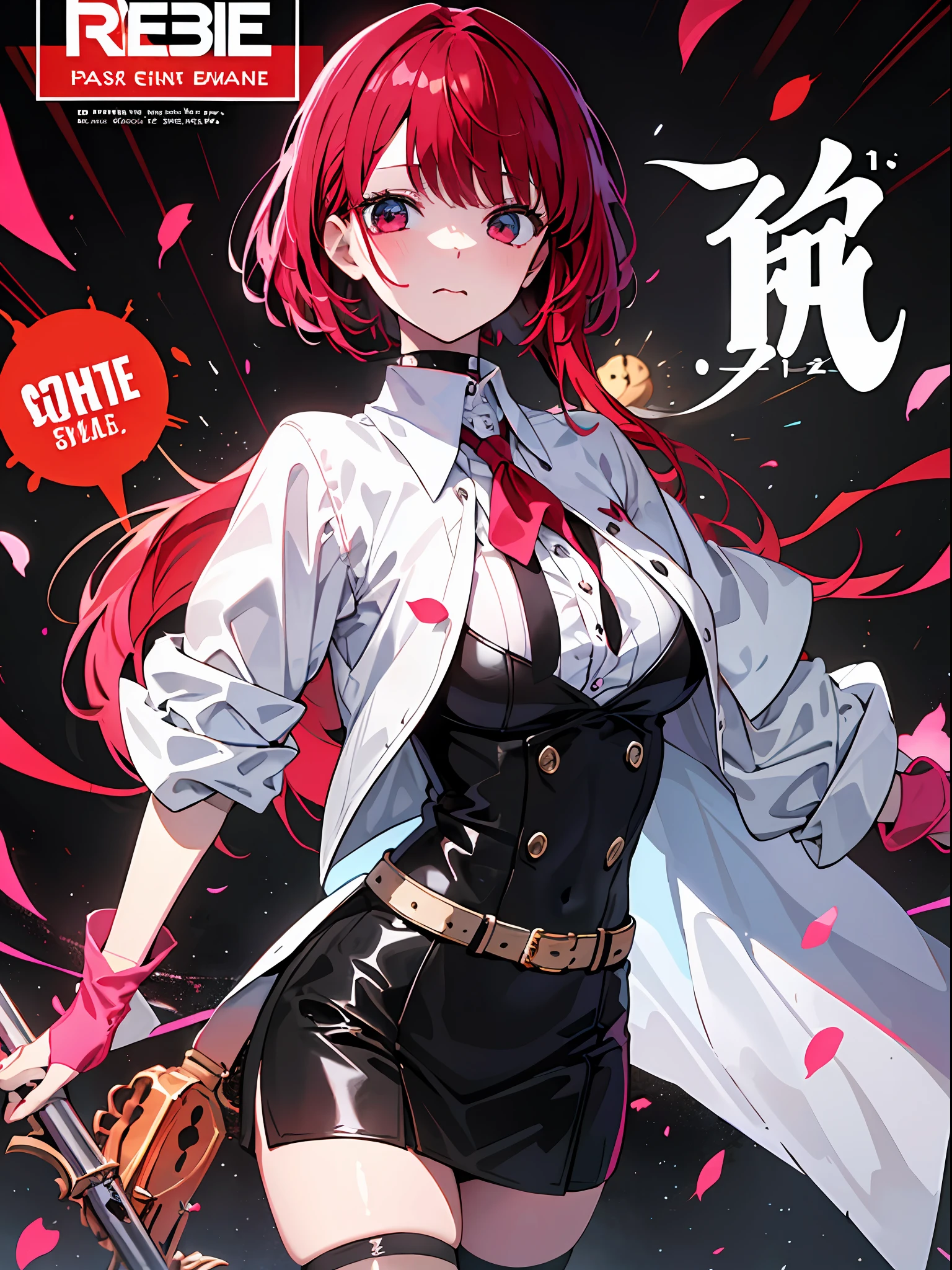 (masterpiece、top-quality、hight resolution)、 Kana Arima \(Oshinoko\), full of shyness、red hairs、Bob Hair、a miniskirt、Cheeks in a tight skirt、Wavy mouth、(((Dramatic)))、(((gritty)))、(((vehement))))The poster of the film appears as a central character。She is shy in the center of the poster、Wearing an idol costume、Has a determined look。The background is dark and rough、I feel like I'm drunk。Text is bold and eye-catching、Catchy slogans add to the overall drama and excitement。The color palette is dominated by dark colors.、Bright colors dotted、Make your poster dynamic and visually impactful、Tachi- e(magazine:1.3)、(cover-style:1.3)、Fashionable、with a vibrant、outfits、the pose、the front、colourfull、Dynamic、Background with、element、self-assured、Expressively、ngel、statement、attachment、An majestic、coiled、surroundings、Touch、The scene、Texto、covers、boldface、grab attention、Titles、lo fashion、Font、Catchy、Titles、Large、grab attention、moderno、 Trendy、concentrating、Stylish、1 girl in