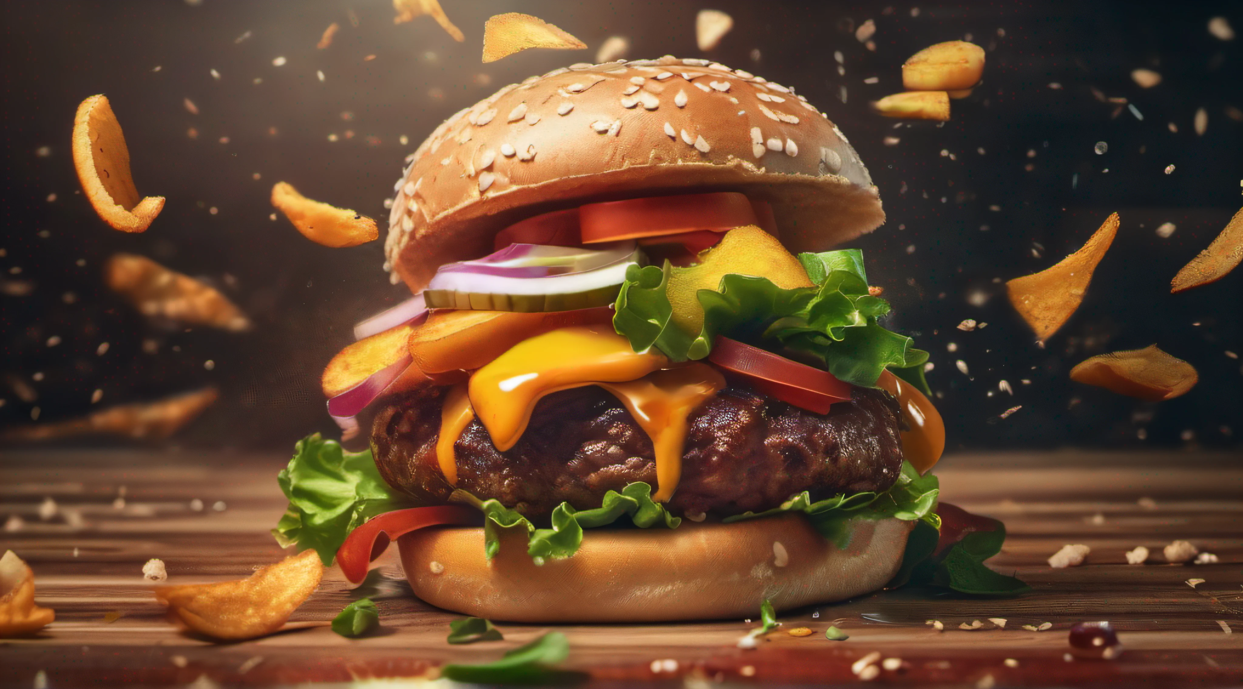 A burger falling in pieces juicy, tasty, hot, promotional photo, intricate details, hdr, cinematic, adobe lightroom, highly detailed