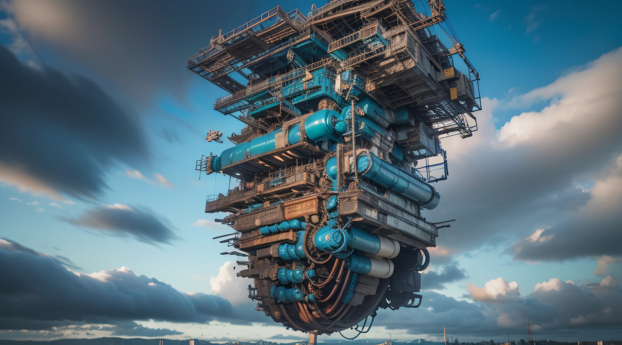 a heavily distorted, fading late evening heavily overcast sky, a singular object comprised of contorted feathers/machinery/pipes/rusted components is floating in the air, steel strings weave into each other, warped blue colored machine exterior paneling, extra detail, 4kHD details, best resolution, surrealistic composition, extreme camera angle, motion blur, depth of field, foreshortening, tilted camera angle, cinematic lighting, movie scene, lens flare, fisheye lens perspective view
