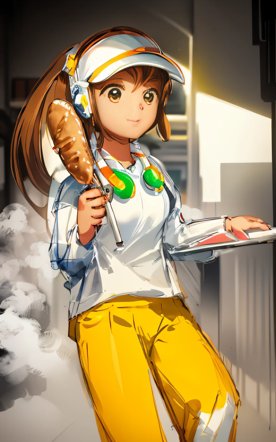 A little girl in a white visor holds a hot dog in her hand,cute female child,brown hair,pony tails,White top,Green flower pants,Yellow headphones,Nice big eyes,Bare arms,