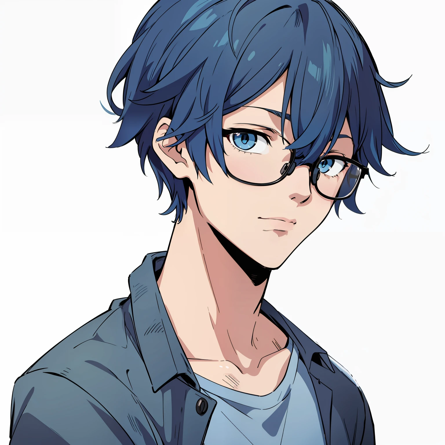 Anime style, boy, blue hair, glasses, (((looking at camera)))