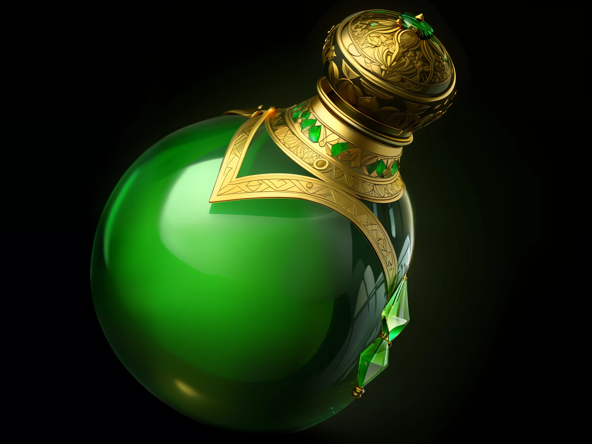 There is a green vase，It has a golden top and a golden hat, perfume bottles, 1 8 th century perfume bottles, antique perfume, beautiful intricate glass bottle, hyper realistic poison bottle, portrait shooting, glass、Gold and jade, Faberge, glass ball at the waist, Bottle, beautiful green liquid, full of greenish liquid, painting of one health potion