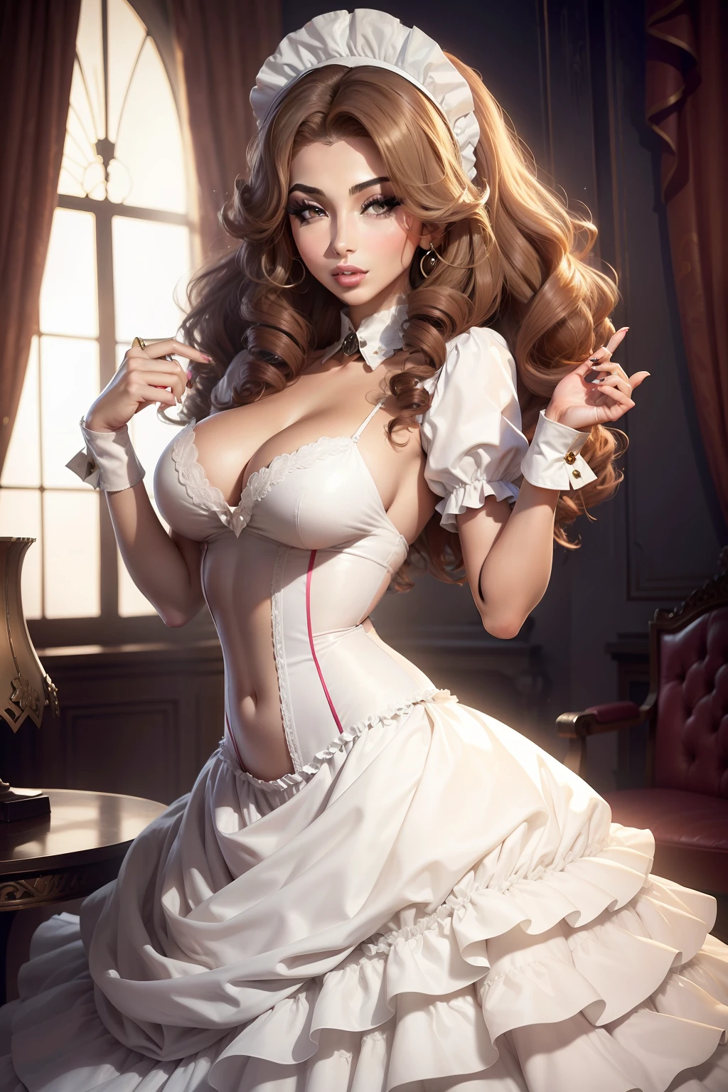 1 beautiful woman, posing, nice body, dressed as a maid, beautiful hair, looks like the singer Myriam Fares
