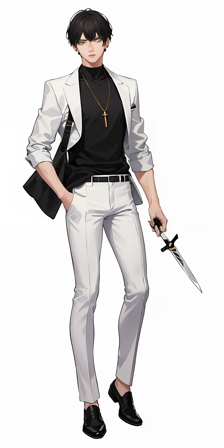 1man,1boy,Semi-realistic, white background,black pants, white shirt, knife necklace, black hair, green eyes, casual attire, well-defined body,Full body, serious expression, short hair