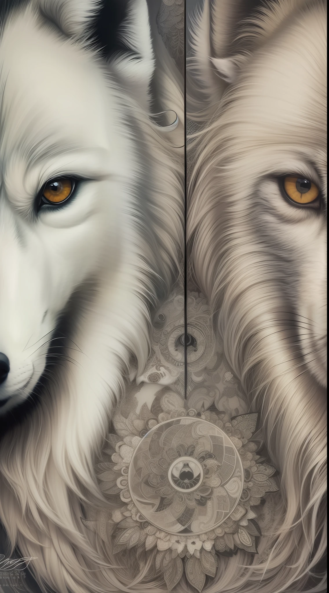 Yin yang,black white,symmetrical painting,wolf,high resolution,super realistic,detail