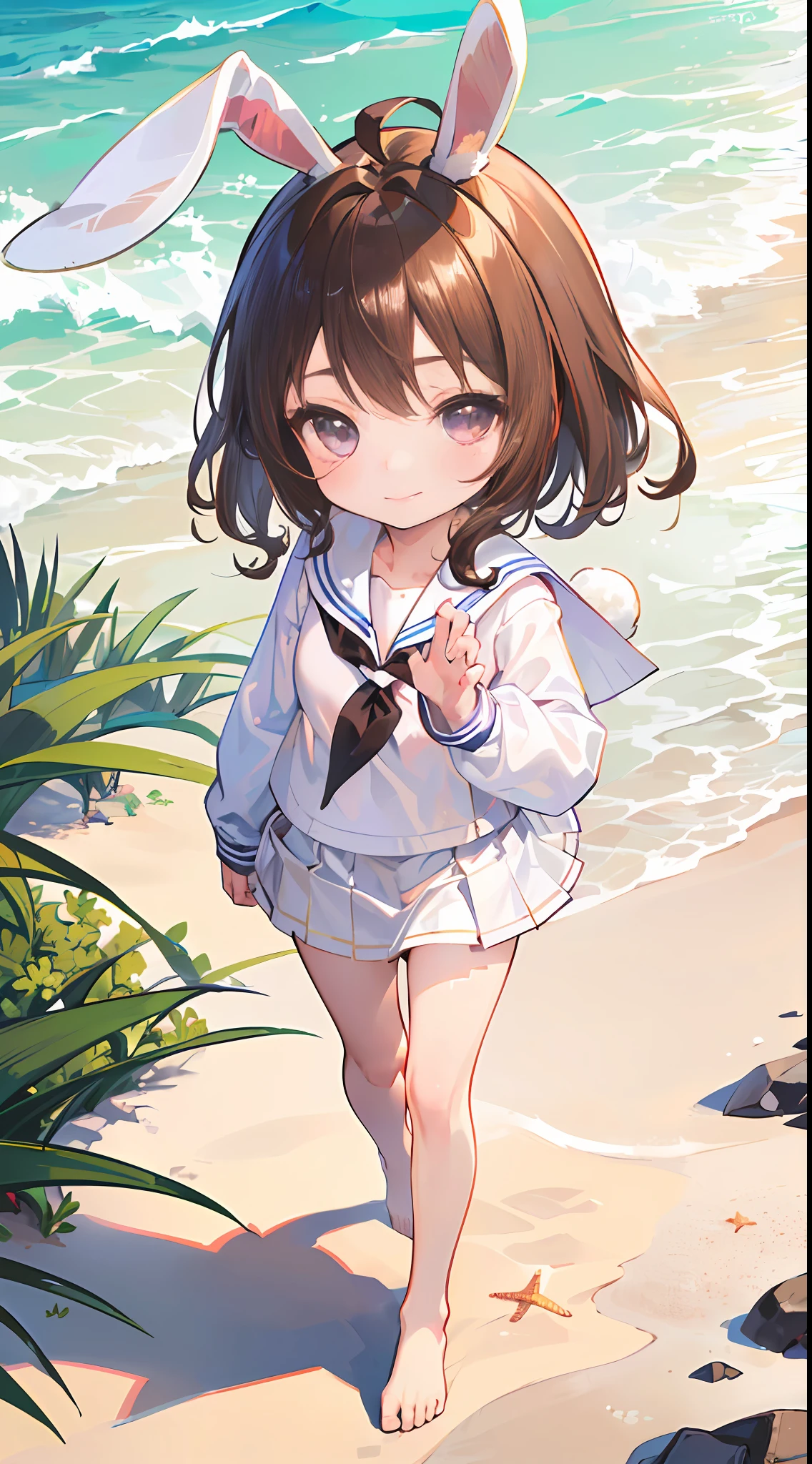 (A slight smil:1.4), Cute, (1 girl:1.1), Solo, (light brown hair:1.3), Medium Hair, Wavy Hair, Purple eyes, Ahoge, (Rabbit ears:1.6), Princess Cut, (White sailor suit:1.6), (Chibi:1.4), (Walking along the sandy beach:1.4), (bare-legged:1.6), Big buttocks, (Brown skirt:1.6),Lower your school bag with your left hand