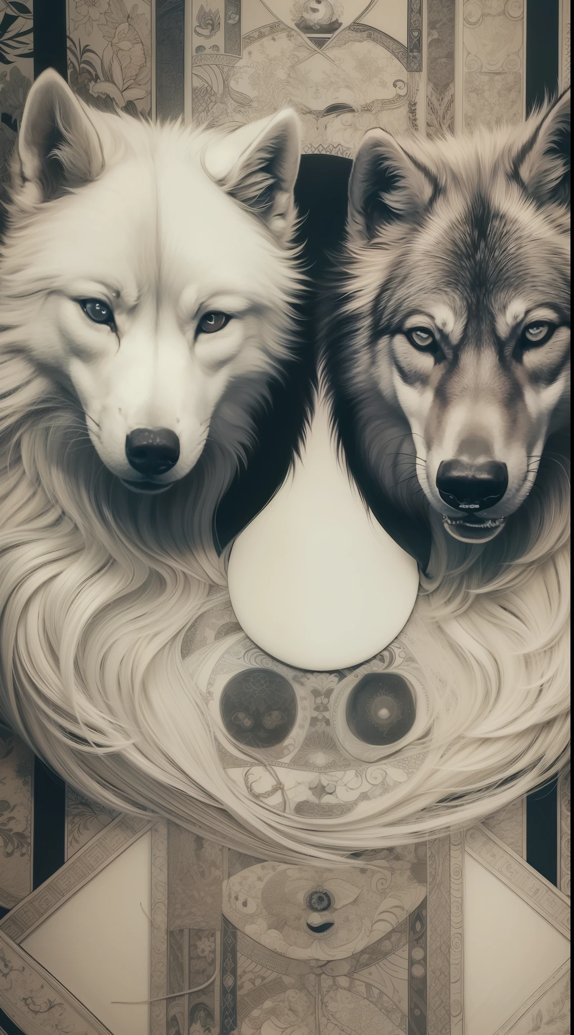Yin yang,black white,symmetrical painting,wolf,high resolution,super realistic,detail