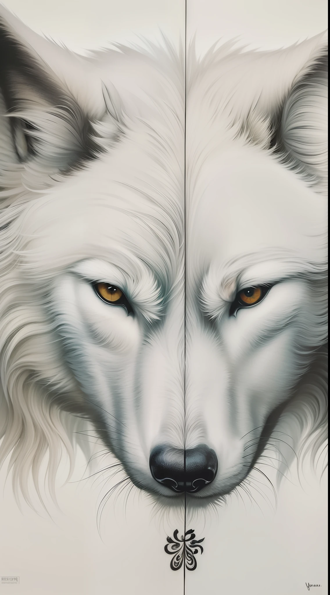 Yin yang,black white,symmetrical painting,wolf,high resolution,super realistic,detail