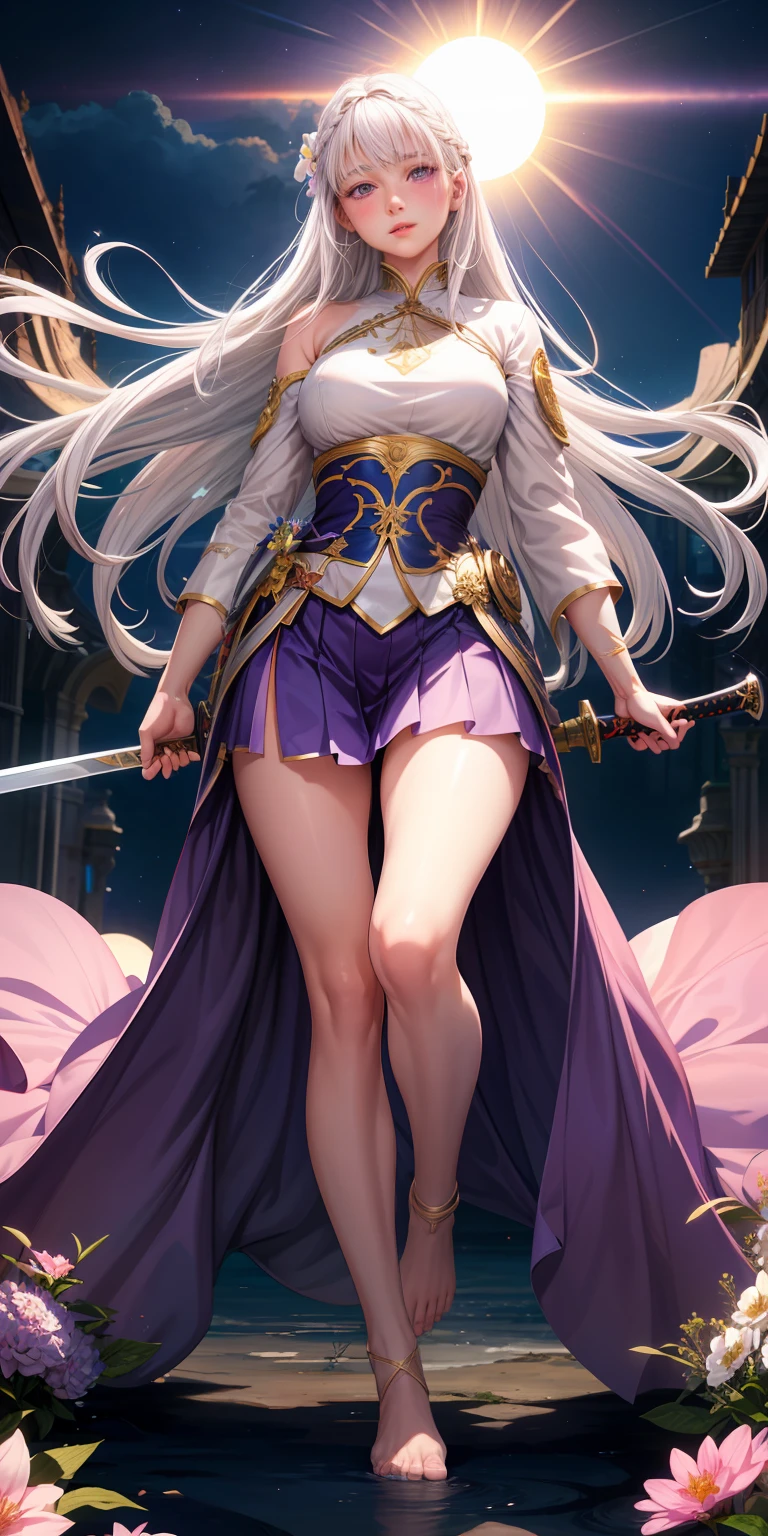 realistic, 1girl, white hair, purple eyes, glowing eyes, skirt, parted lips, blush, night, flowers, sun, sunlight, smooth thigh, goddess, long hair, high detail, holding sword, no shoes, bare feet