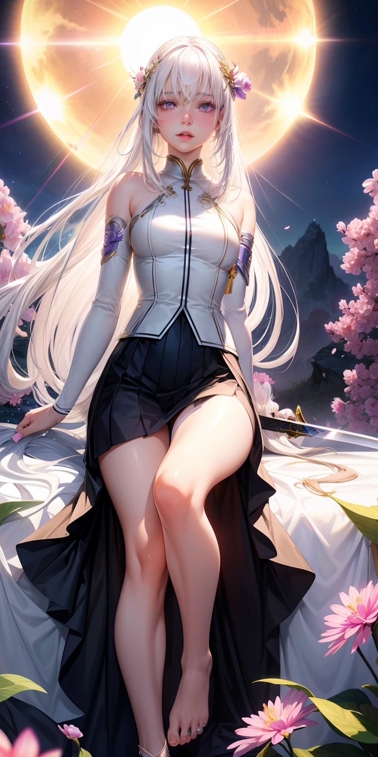 realistic, 1girl, white hair, purple eyes, glowing eyes, skirt, parted lips, blush, night, flowers, sun, sunlight, smooth thigh, goddess, long hair, high detail, holding sword, no shoes, bare feet