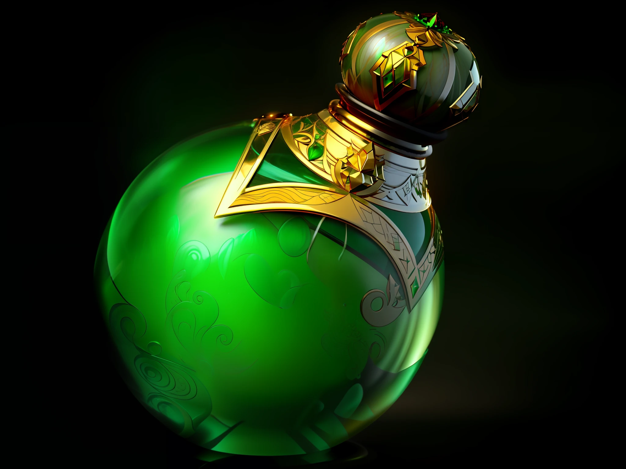 There is a green vase,It has a golden top and a golden hat, perfume bottles, 1 8 th century perfume bottles, antique perfume, beautiful intricate glass bottle, hyper realistic poison bottle, Portrait shooting, glass、Gold and jade, Faberge, glass ball at the waist, Bottle, beautiful green liquid, full of greenish liquid, painting of one health potion