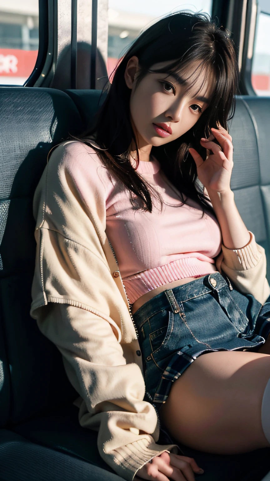 (tmasterpiece,k hd,hyper HD,4K)brunette color hair,20 years old Japanese girl,Uniform skirts,emphasizing thighs,whitethighhighs,soft thighs,Glossy thighs,Sitting on the train,Face-to-face perspective,(From the angle below),sitting in the train seat,sitting in front,Crotch zoom camera,Feet on the train floor,full bodyesbian,Head down and sleepy-eyed,looking at the viewer only", best qualtiy, hyper HD, (realisticlying:1.4),, A high resolution, the detail, RAW photogr, Sharp Re, Nikon D850 Film Stock Photo by Jefferies Lee 4 Kodak Portra 400 Camera F1.6 shots, Rich colors, ultra-realistic vivid textures, Dramatic lighting, Unreal Engine Art Station Trend, cinestir 800,huge tit,Blush