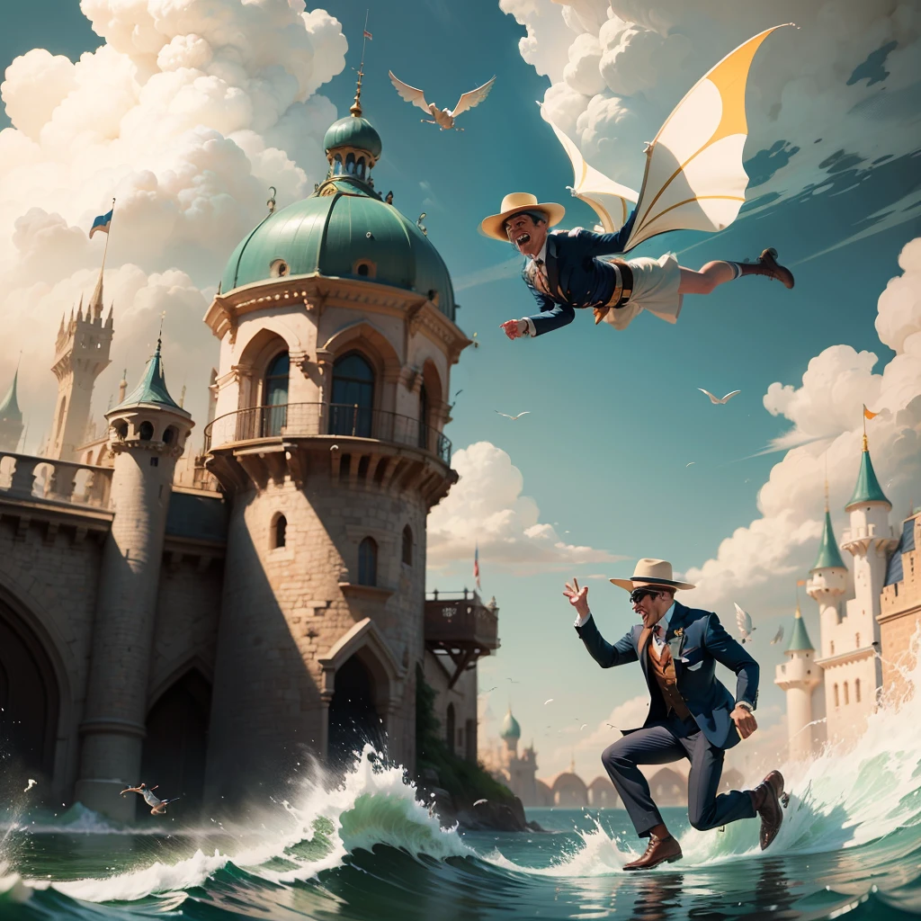 Arabic tale from the 1400s. Racing on vintage sci-fi mechanical devices. Funny characters flying among the clouds. In elegant old suits and hats. Diving into the water, laughter, joy, fun. Splashes of water. Full length closeup portrait in Disney Pixar style, super realistic, cinematic, lots of details, dark blurred fantasy --auto --s2
