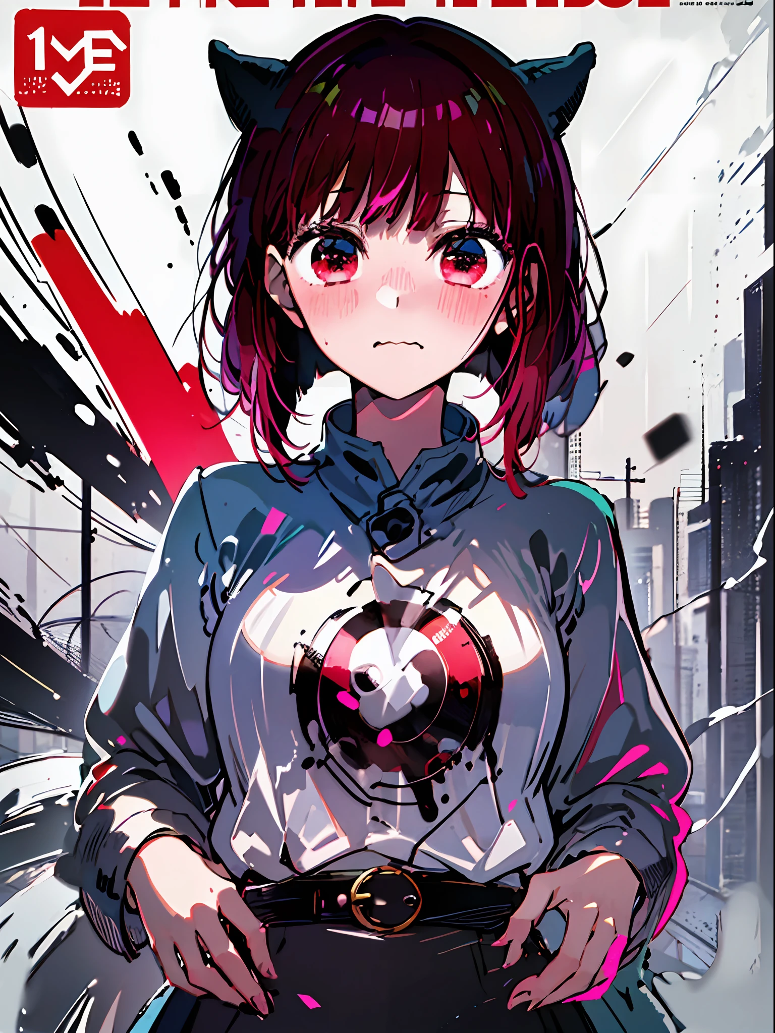 (masterpiece、top-quality、hight resolution)、 Kana Arima \(Oshinoko\), full of shyness、red hairs、Bob Hair、red blush、Wavy mouth、(((Dramatic)))、(((gritty)))、(((vehement))))The poster of the film appears as a central character。She is shy in the center of the poster、Wearing an idol costume、Has a determined look。The background is dark and rough、I feel like I'm drunk。Text is bold and eye-catching、Catchy slogans add to the overall drama and excitement。The color palette is dominated by dark colors.、Bright colors dotted、Make your poster dynamic and visually impactful、Tachi- e(magazine:1.3)、(cover-style:1.3)、Fashionable、with a vibrant、outfits、the pose、the front、colourfull、Dynamic、Background with、element、self-assured、Expressively、ngel、statement、attachment、An majestic、coiled、surroundings、Touch、The scene、Texto、covers、boldface、grab attention、Titles、lo fashion、Font、Catchy、Titles、Large、grab attention、moderno、 Trendy、concentrating、Stylish、1 girl in、a miniskirt