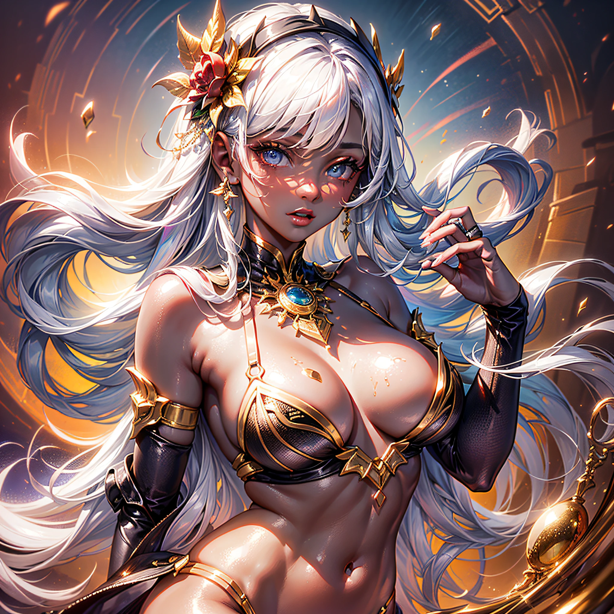 (masterpiece, high quality), liquid gold girl,(extremely beautiful), (dark skin:1.3), (skin texture), (white long silky hair), prismatic gold, shiny body, ???????????, golden eye , clear eye, ,( Sony Alpha a7R IV camera expertly used to capture this captivating moment: 1.2), (paired with a versatile Sony FE 24-70mm f lens/2.8 GM, ensuring every detail is captured beautifully: 1.2), ( The strong sun enhances the beauty of the scene: 1.2), (a breathtaking photo of a mesmerizing woman displaying her stunning beauty: 1.2)