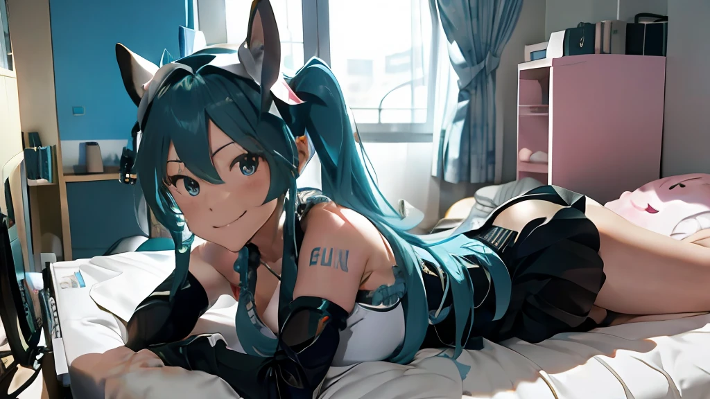 playing game,Bunny girl costume,Big breasts Hatsune Miku,get down on the bed,your legs,With a sly smile on his face,Super high quality,4K class,Super meticulous,Movie lighting,Ambient lighting