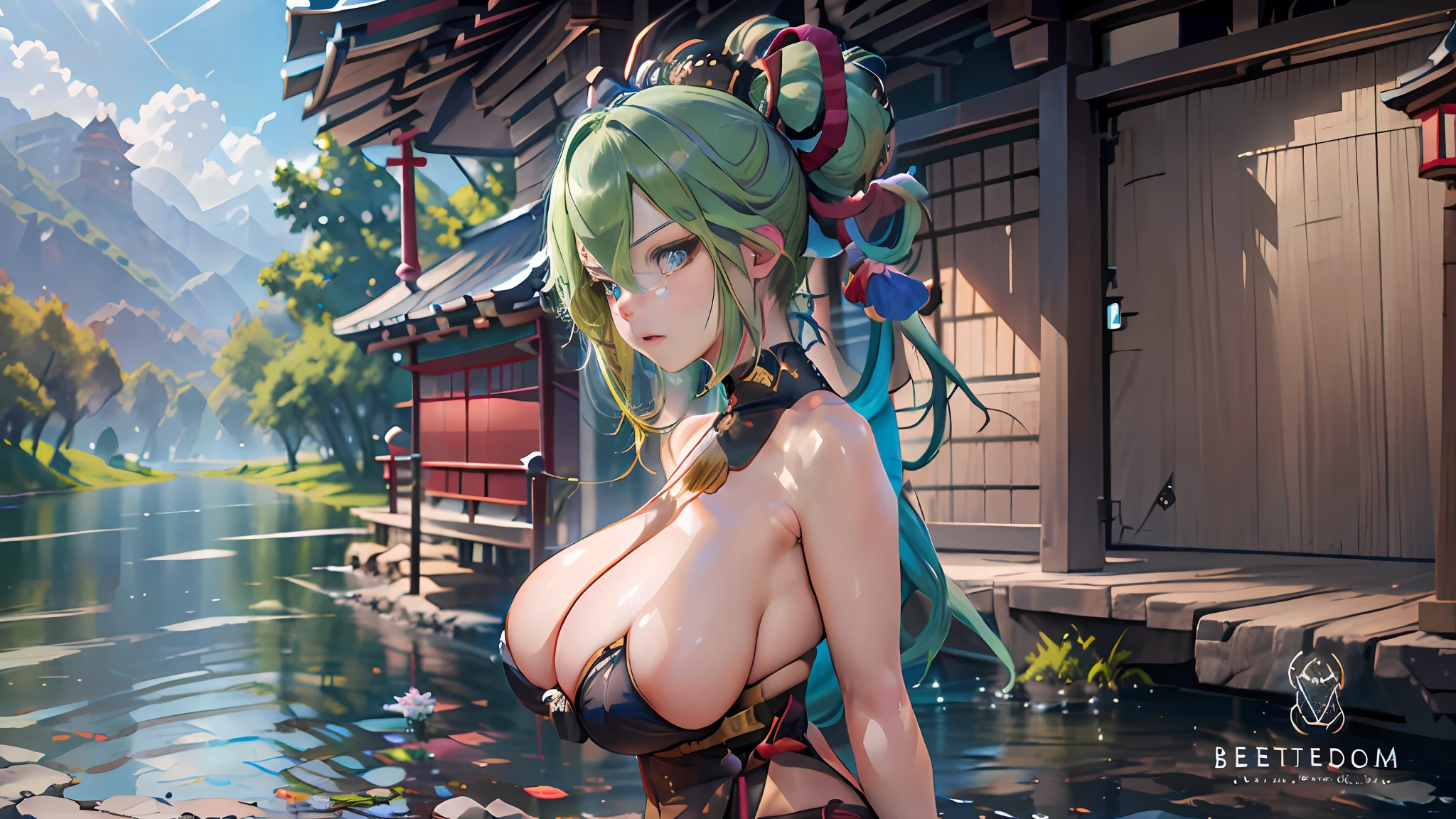 Kuki Shinobu Genshin Impact, Whole body, (NSTDA.:1.2), (10, beste-Qualit, master-piece: 1.4), ultra-high resolution, (lifelike, photorealistic portrait: 1.48), 20 age, Cute Girl, Nude, Famous Japanese actors, gigantic breasts, Blue Eyes, Head tilt, cowboy shot, from the side, looking at the audience, expressionless, Beautiful lake, Zeiss 150mm F/ 2.8 Hasselblad, In Japanese shrines, Whole body, foot, Ultra-Wide Angle