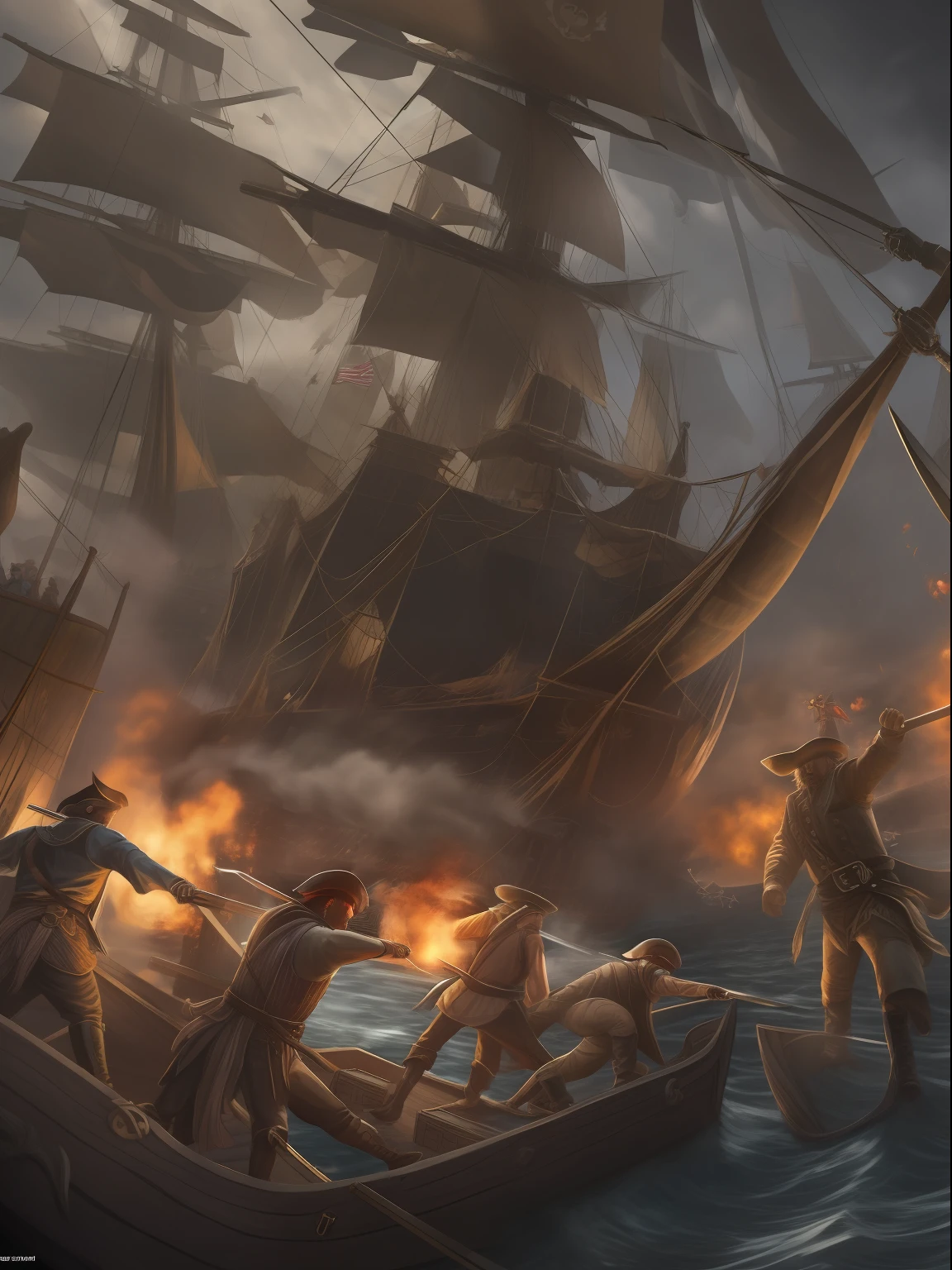 "A dynamic shot capturing the intense battle between pirates, showcasing a thrilling martial fight scene with the pirate crew. The action unfolds as they engage in combat with undead creatures, creating an exhilarating skirmish and gunfight."