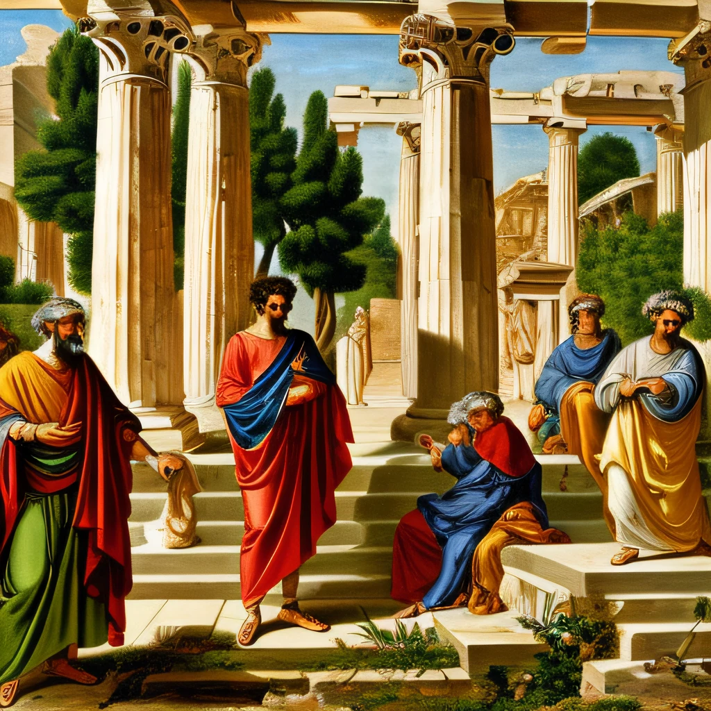 Greece, philosophers, platao, Seneca, Zeno, gathered at the Agora of Athens, Portico Pintado, imagem altamente detalhada, clothes of ancient Greece.
