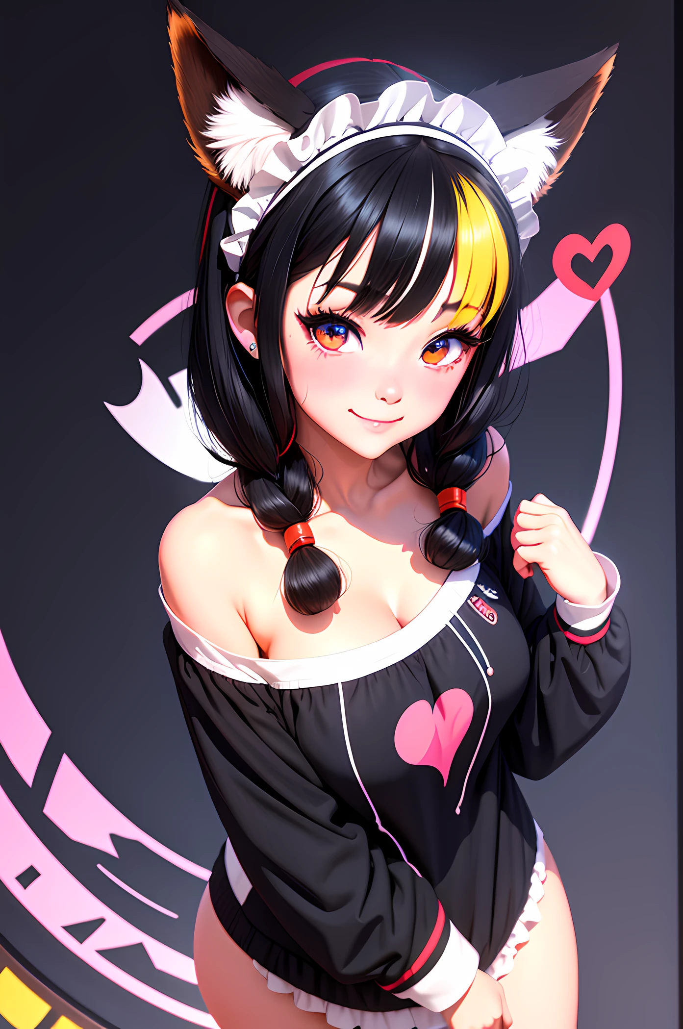 black hair, hair bobbles, longeyelashes, solid circle eyes, fake animal ears, light smile, ear blush, multicolored hair, multicolored hair, maid headdress, heart-shaped pupils, fox ears, crying, Surrealism, drop shadow, anaglyph, stereogram, tachi-e, pov, atmospheric perspective, three sided view, super detail, ccurate, best quality