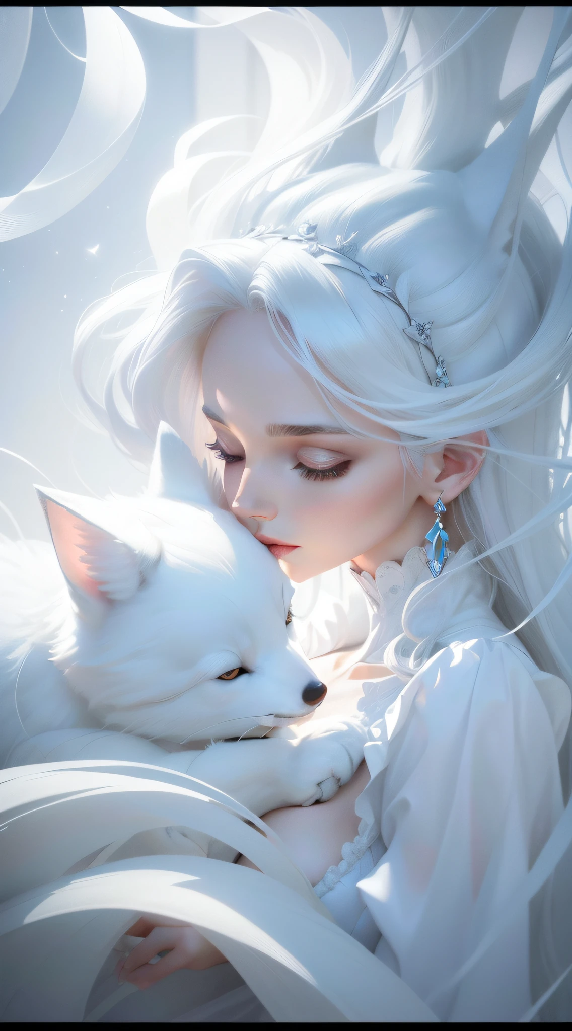 the woman has white hair and a white fox hanging, in the style of volumetric lighting, barbiecore,dreamscape portraiture, 8k ,3d, delicate simplicity, bold character designs, clean blue background, summer wear, flat illumination, geometric shapes, UHD, super detail, high details, best quality, HD, 4K