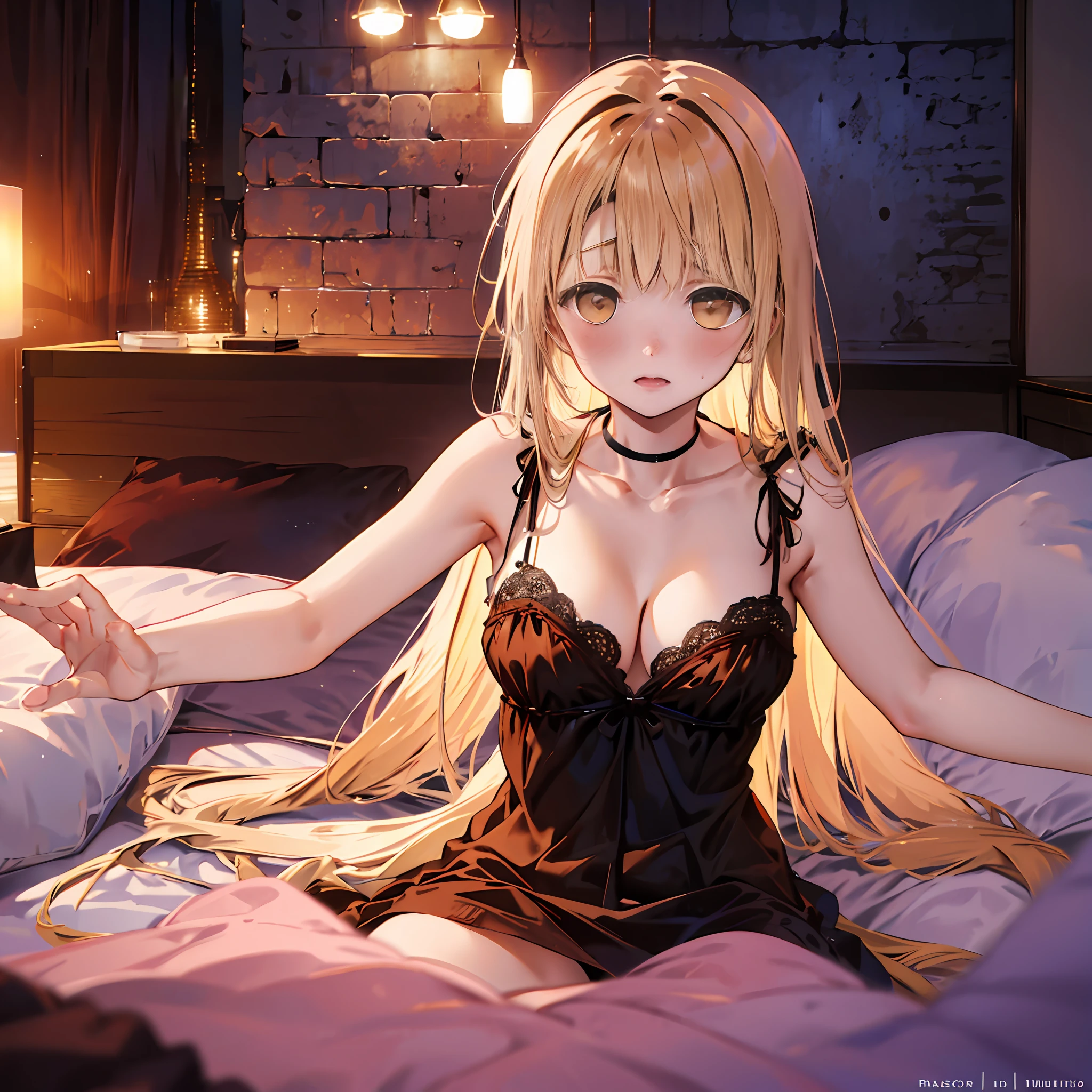 (Highest picture quality), (Master's work),(Detailed eyes description),(Detailed face description), 1girl, yellow eyes, shiina mahiru, yellow hair,(very long hair),very long hair ,black night gown, , cum face, nsfw, missonary pov anal,  missiry, visible shoulders, blush, cleavage, medst, bed, indoor, m, woman, front, shy, expression, scene, attention-grabbing, modern, focus, realistic lighting, extreme blushing, lewd