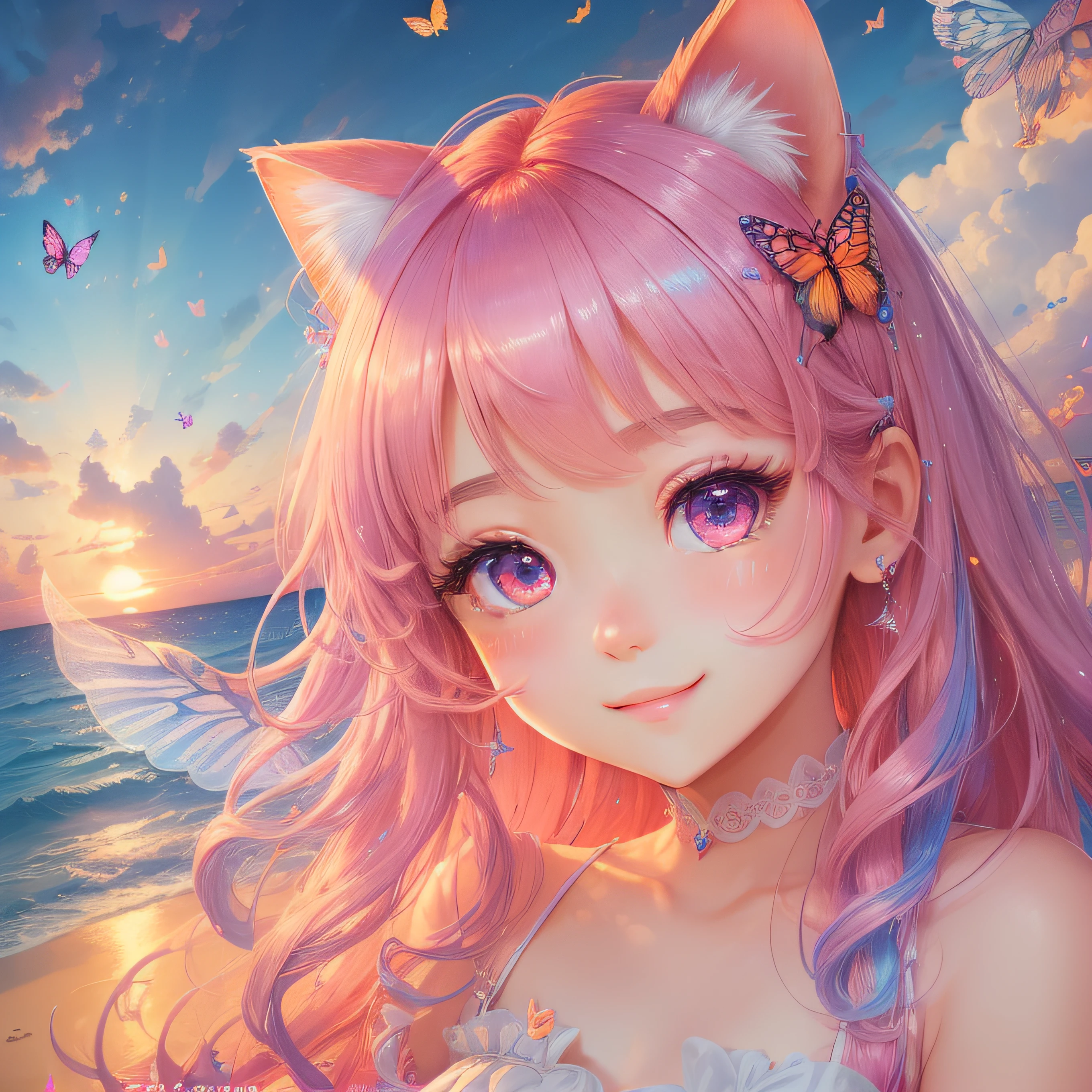 Close up of a smile with the corners of the mouth raised、Close up of a smile with the corners of the mouth raised、Close up of a smile with the corners of the mouth raised、close up of face、close up of face、close up of face、round and clear eyes、Shining eyes、Shining eyes、Beautiful 22 year old woman、dreamlikeart、Highly detailed airbrush art,Surreal、intricate detailes、Volumetric lighting、(masterpiece:1.2)、(top-quality)、(The ultra-detailliert)、(The composition of the movement:1.4)、Highly detailed colorful details、(Irridescent color:1.2)、(Bright lighting)、dream-like、Magical、dynamic compositions、Ray traching、The mirror reflects light、Shallow depth of field、ultra-detailliert、mixing exposure、nffsw、Super masterpiece、vivd colour、colourfull、One woman's face、(Cute cat in clothes)、Anthropomorphic representation、Rich colors、exquisitedetails、(masutepiece,Best Quality:1.5), (butterflys,Exquisite butterflies,Ultra CG), (High resolution:1.5)、(Big eyes、Iridescent eyes、Shining eyes、Eye Gloss)、Pink-red cheeks、(Raise the corners of your mouth and smile、Open lips、red-lips、lipgloss)、(bangss、Colorful shiny hair)、The beach is covered with colorful and transparent smooth stones:1.5、Orange in the sky、pink there、Absolutely enchanting sunset on the beach mixed with yellow。The water is crystal clear、White sand beach stretches out as far as the eye can see。It's a dynamic and breathtaking scene。Enjoy the calm atmosphere、
